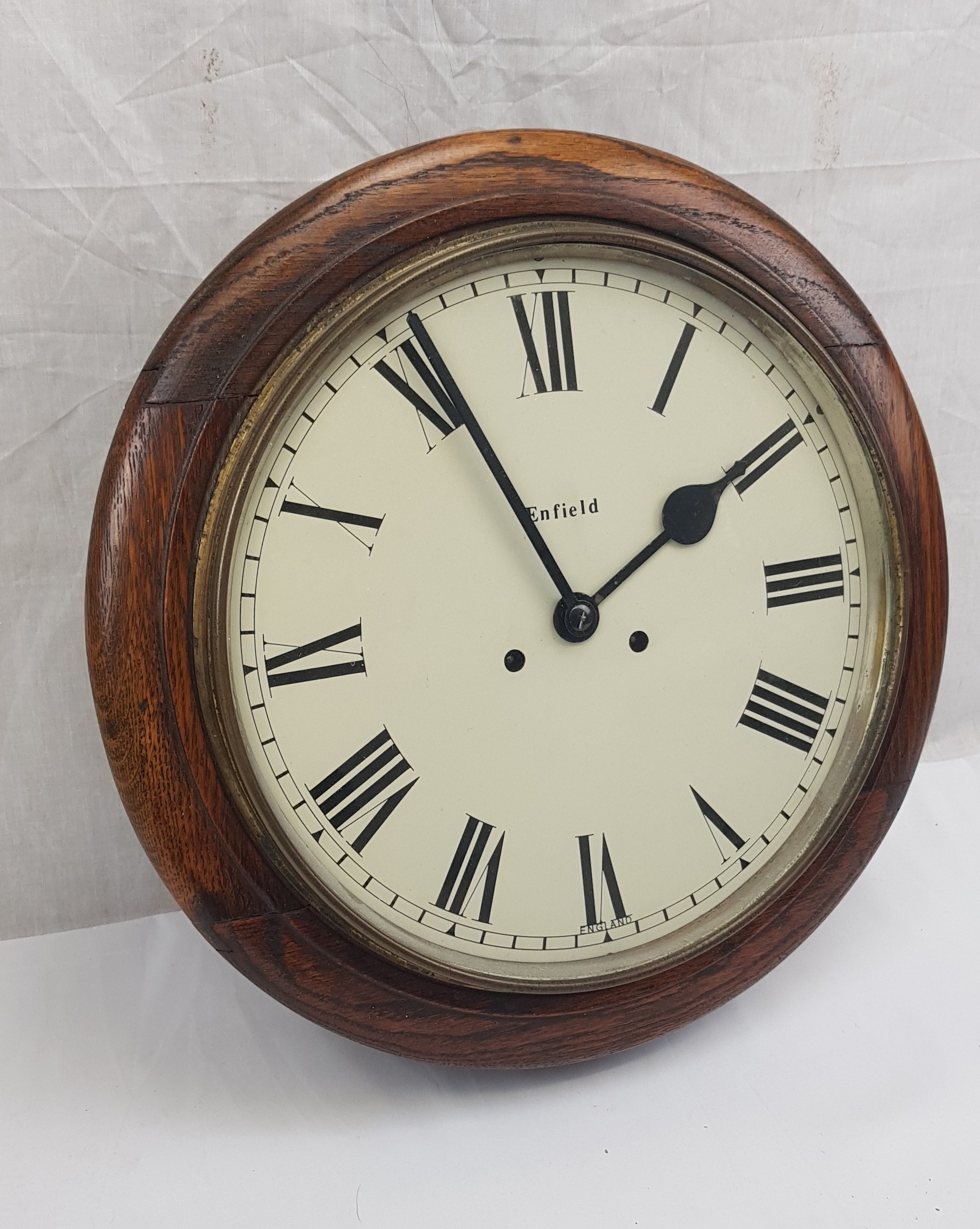 Circa 1920 Enfield Round Dial Striking Oak Wall Clock - Image 5