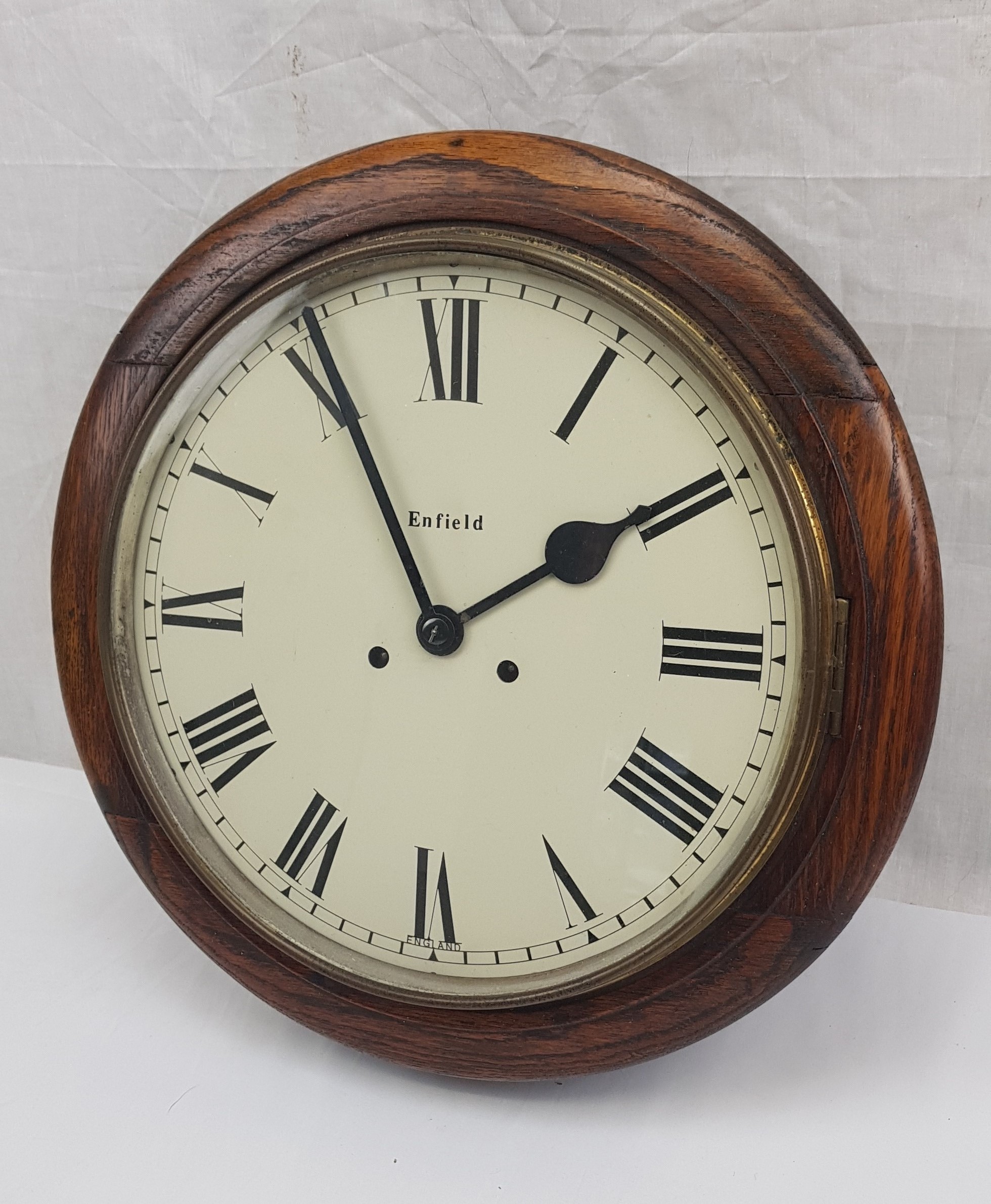 Circa 1920 Enfield Round Dial Striking Oak Wall Clock - Image 3