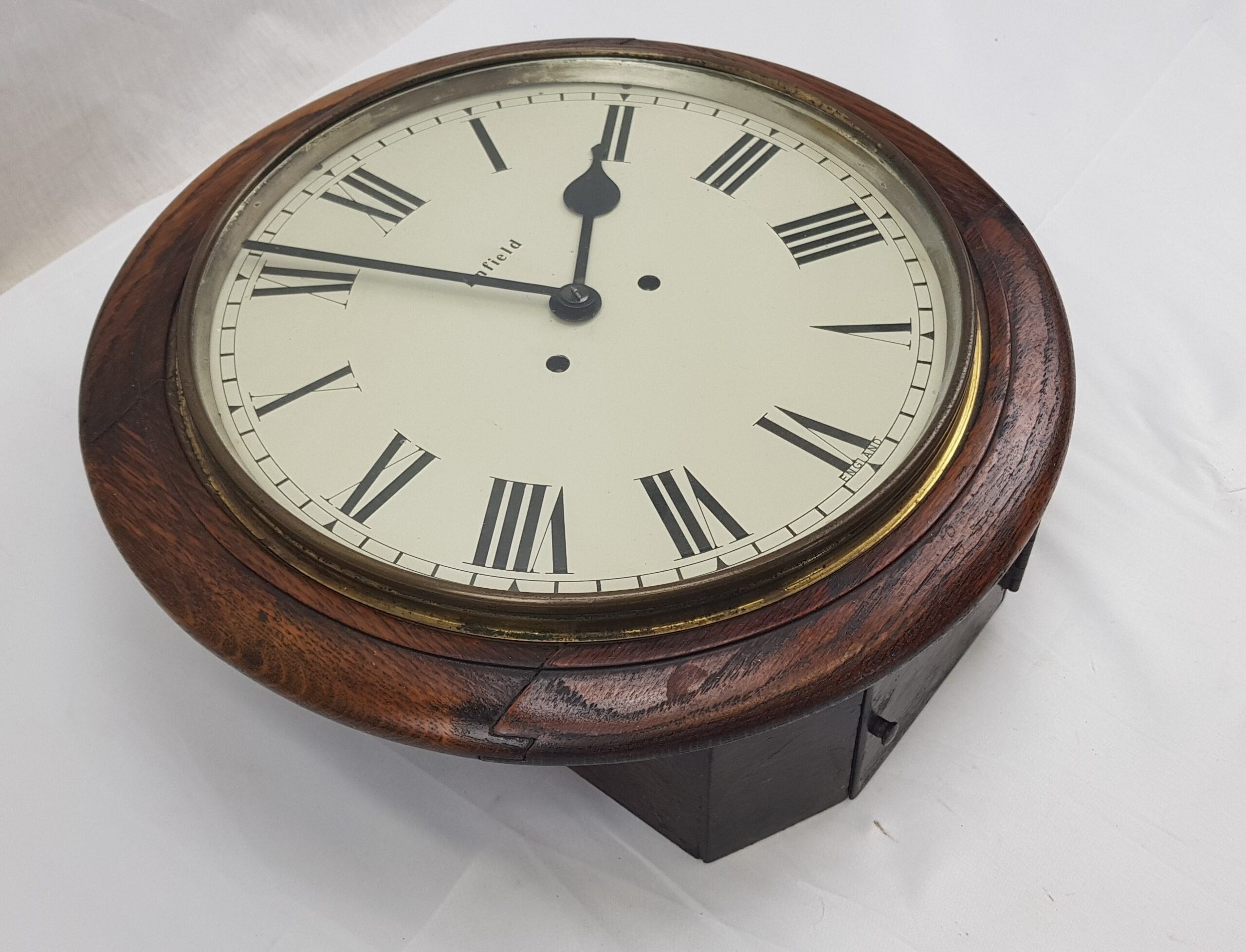 Circa 1920 Enfield Round Dial Striking Oak Wall Clock - Image 4