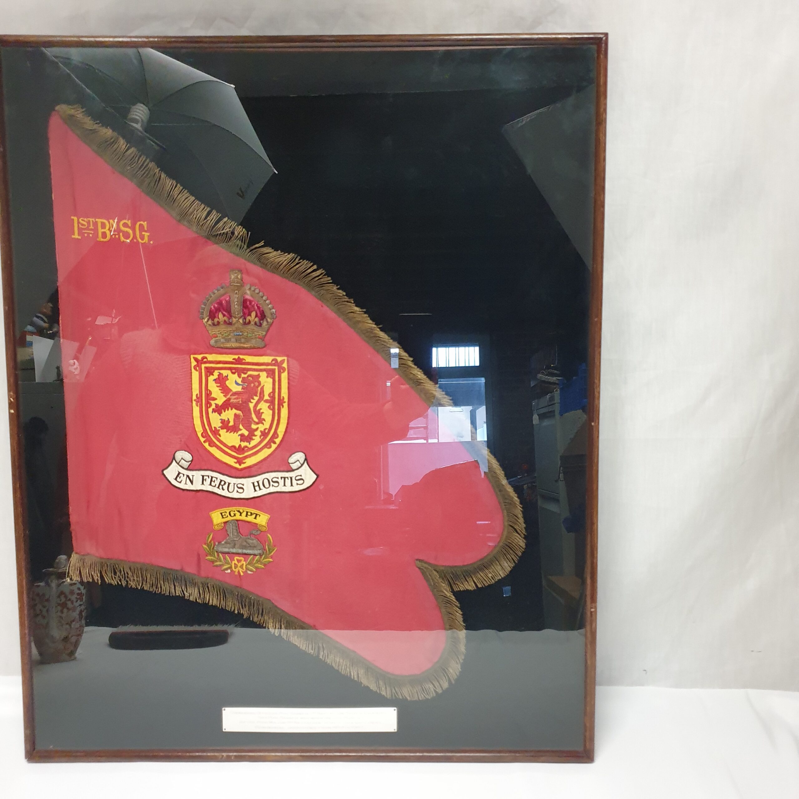Framed 1st Battalion Scots Guard Trumpet Bagpipe Banner