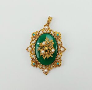 9ct Yellow Gold Green Agate, Pearl & Turquoise Brooch Pendant