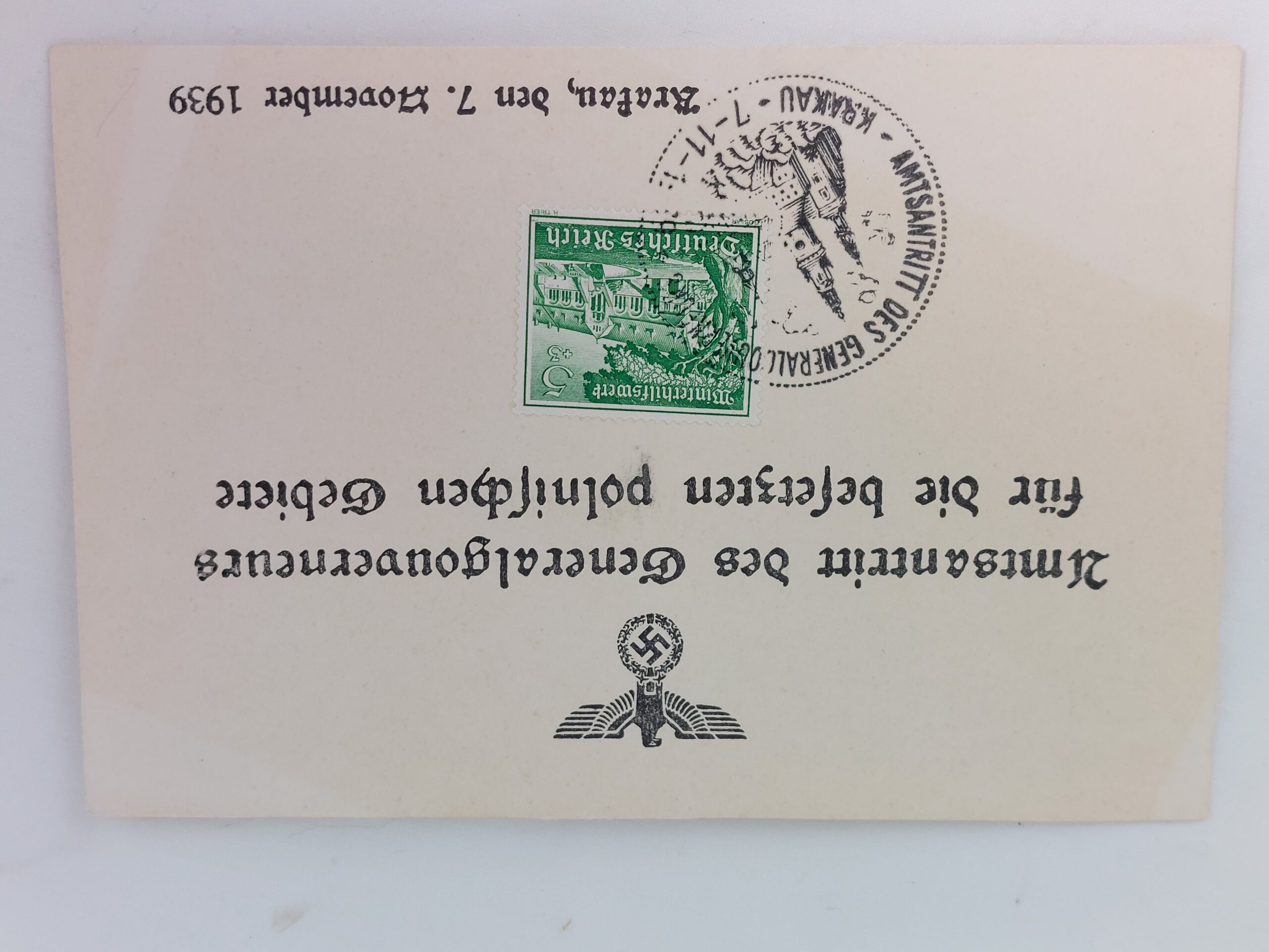 German Day of General Government 'Generalgouverneurs' Card 1939. Stamped with a Winter Relief Stamp 'Winterhilfswerk'