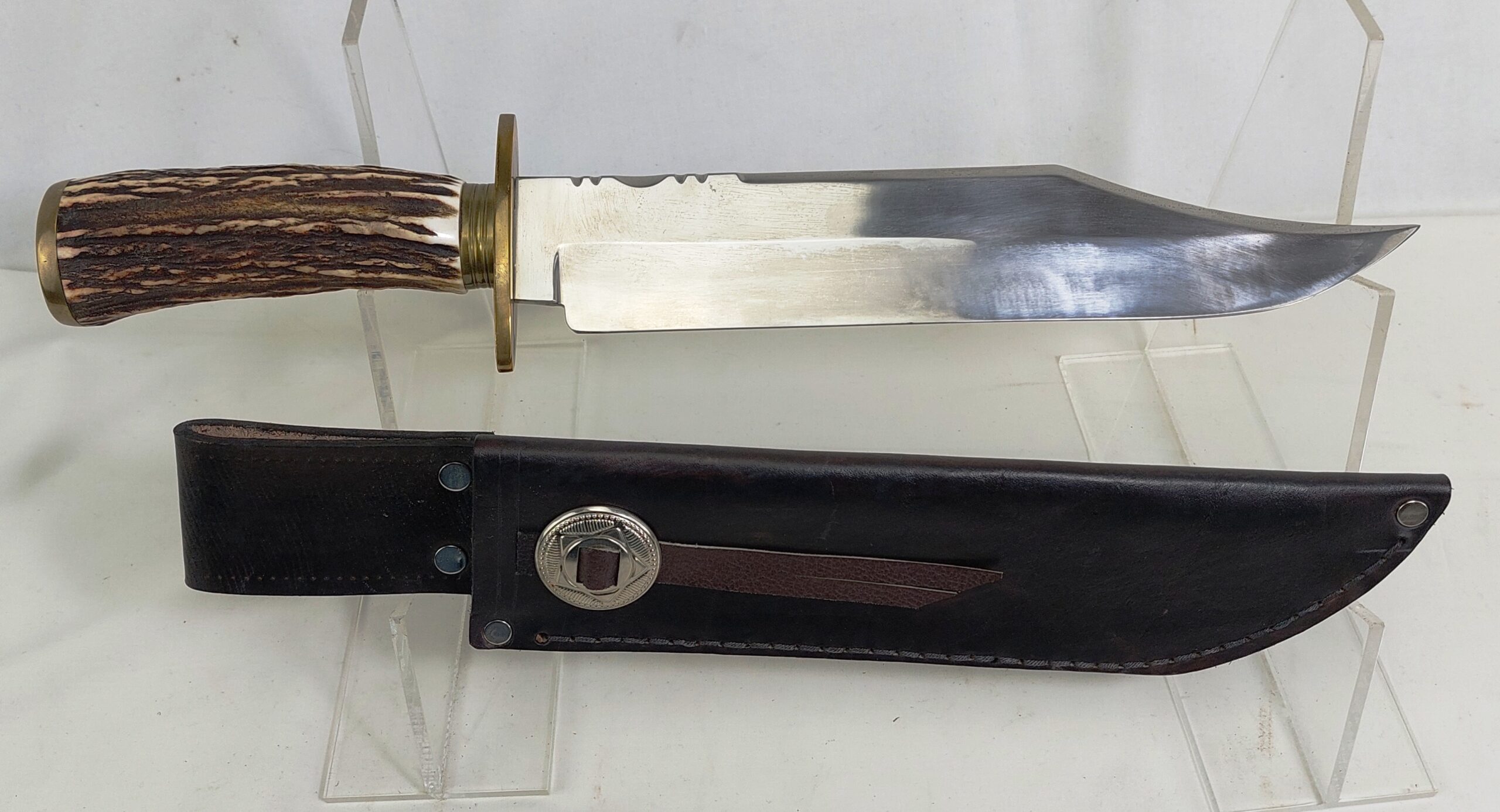 R & R Hiddleton Sawback Bowie Knife and Leather Scabbard