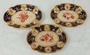 Trio Of Circa 1825 Bloor Derby Dessert Plates With Cobalt Blue, Gilt And Roses