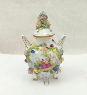 c1860 Carl Thieme Flower Encrusted Small Twin Handled Pot