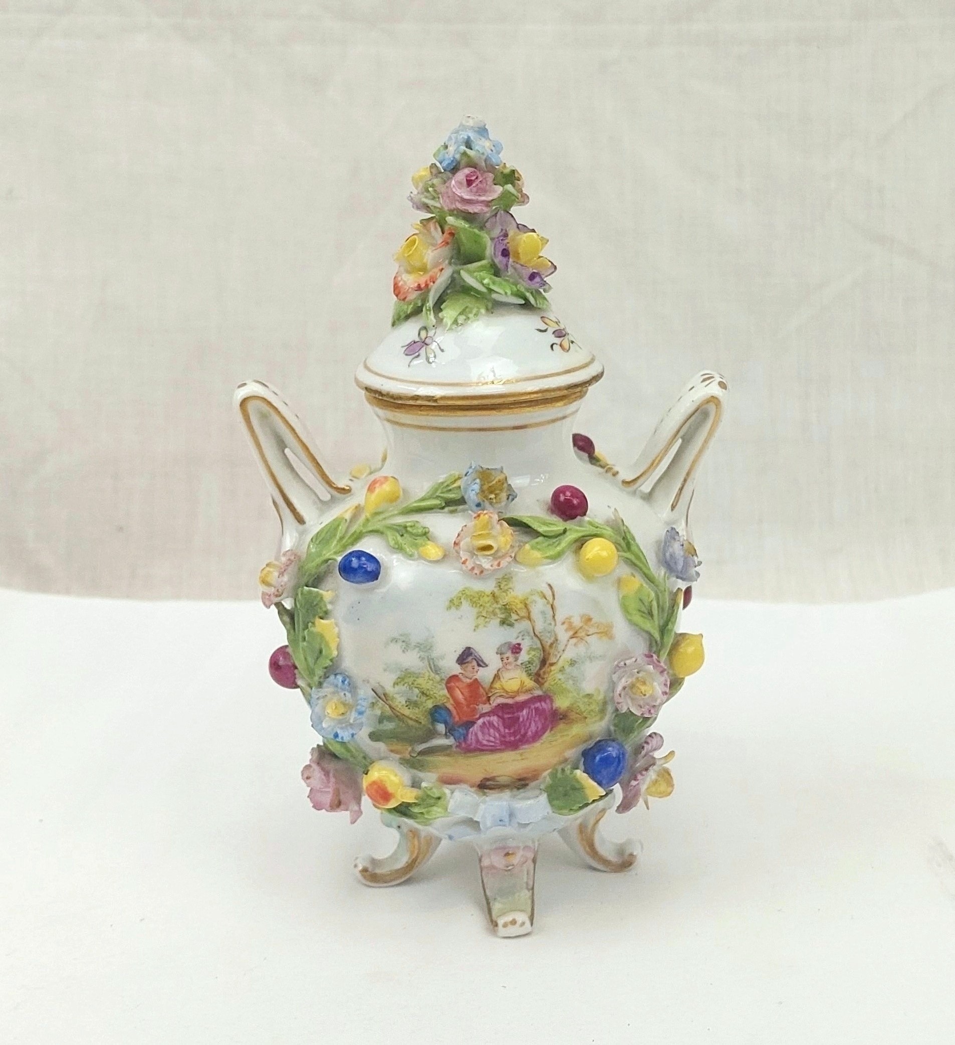 c1860 Carl Thieme Flower Encrusted Small Twin Handled Pot