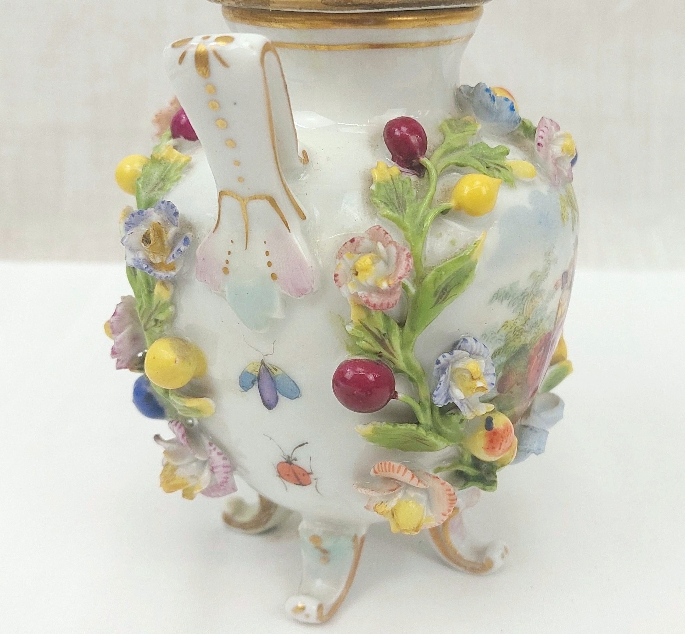 c1860 Carl Thieme Flower Encrusted Small Twin Handled Pot - Image 6