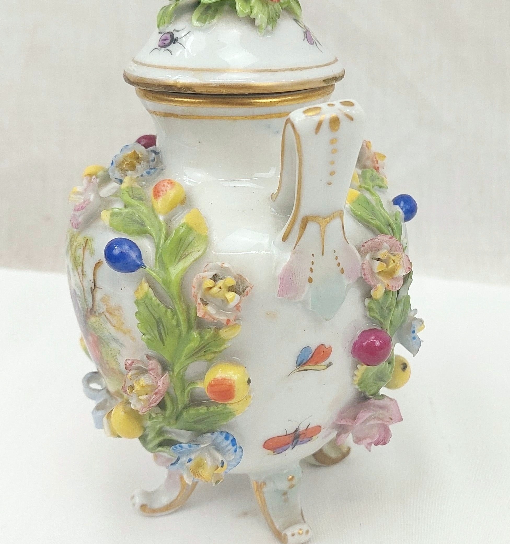 c1860 Carl Thieme Flower Encrusted Small Twin Handled Pot - Image 5