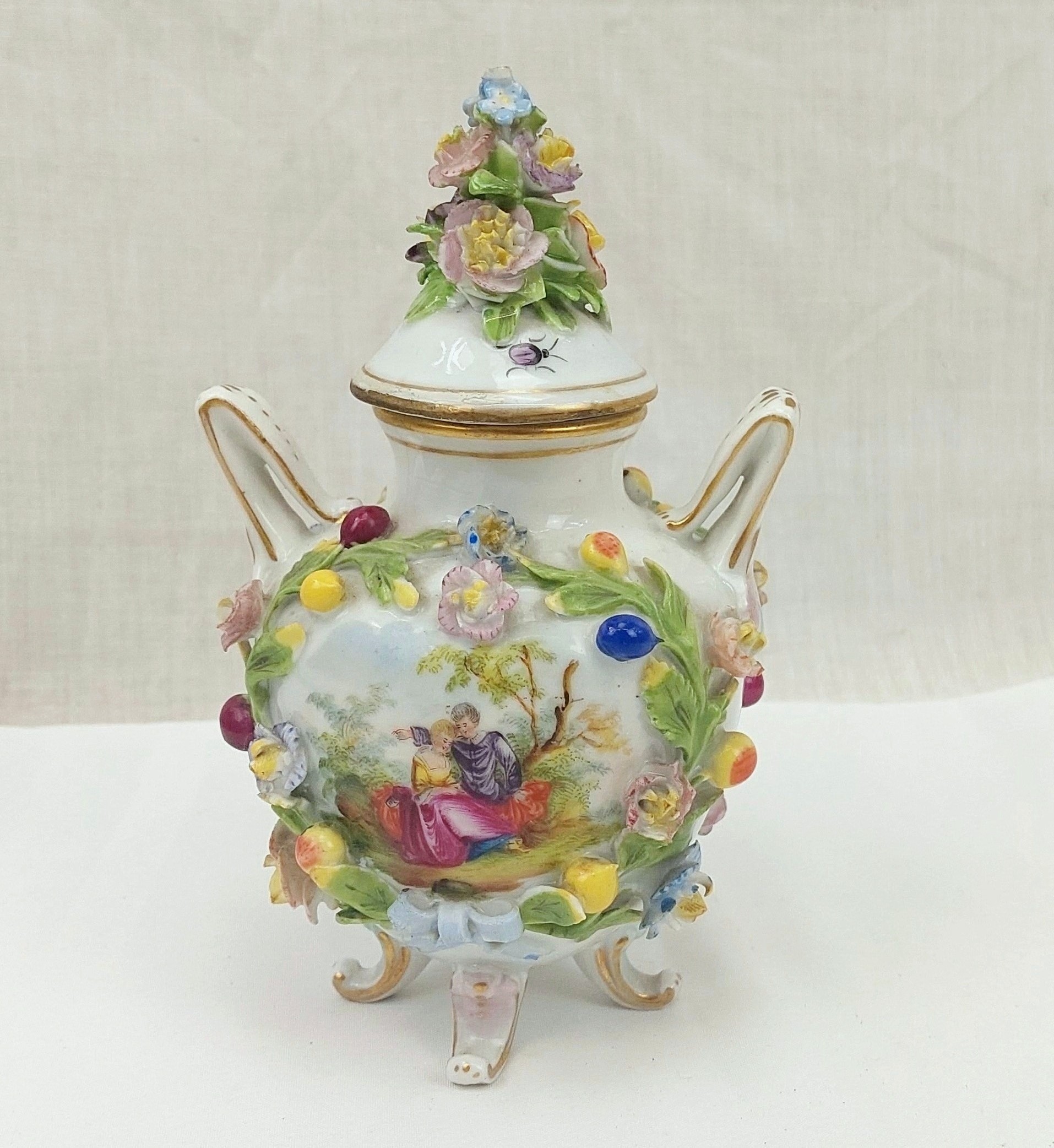 c1860 Carl Thieme Flower Encrusted Small Twin Handled Pot - Image 2