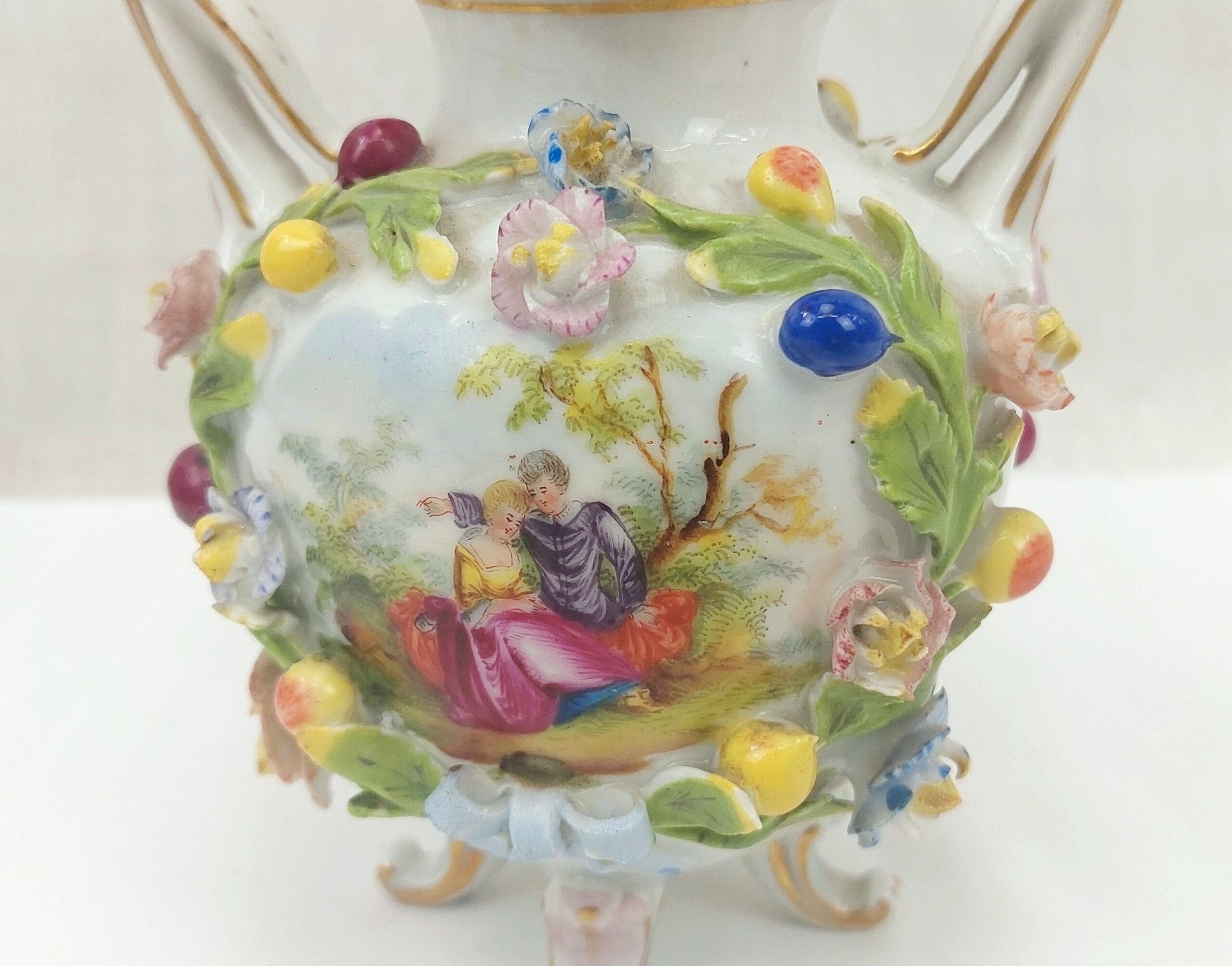 c1860 Carl Thieme Flower Encrusted Small Twin Handled Pot - Image 3