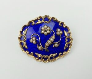 Victorian Gold & Blue Enamel Pearl & Diamond Mourning Brooch