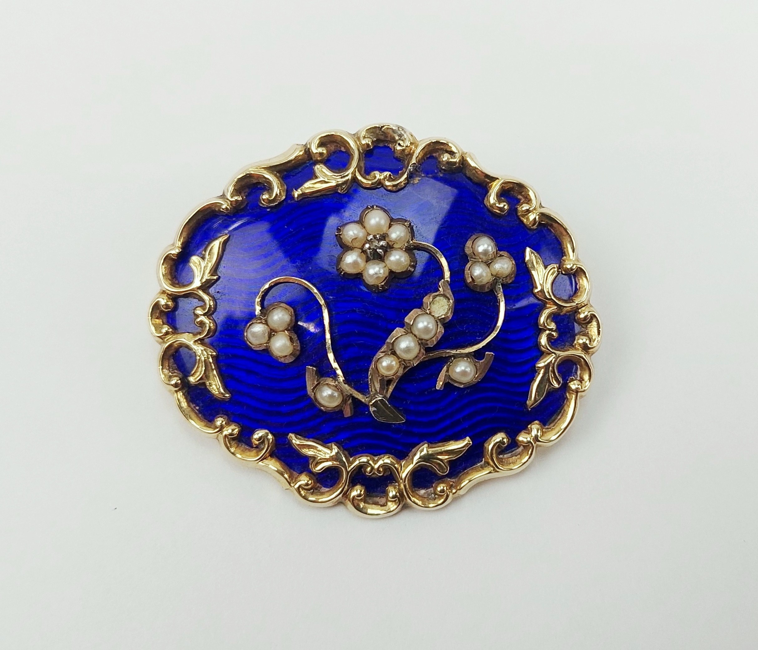Victorian Gold & Blue Enamel Pearl & Diamond Mourning Brooch