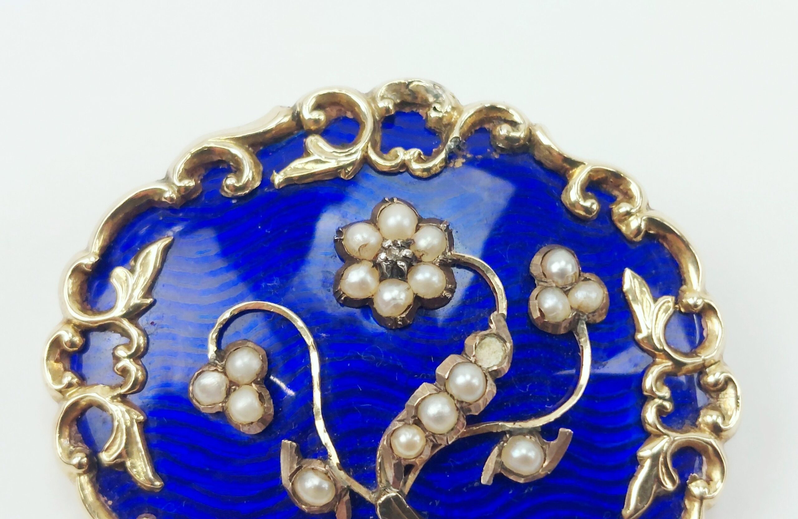 Victorian Gold & Blue Enamel Pearl & Diamond Mourning Brooch - Image 4