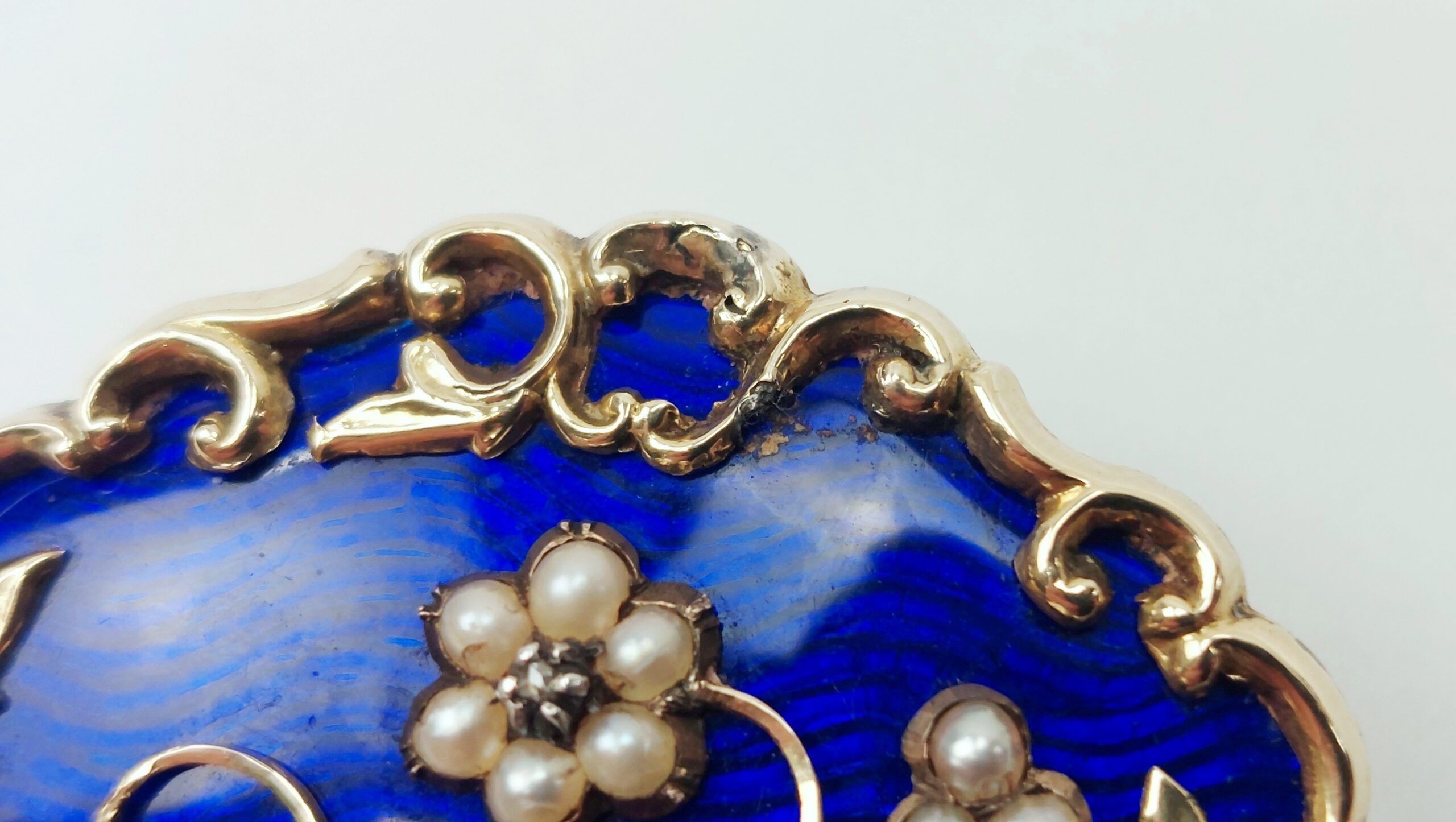 Victorian Gold & Blue Enamel Pearl & Diamond Mourning Brooch - Image 6