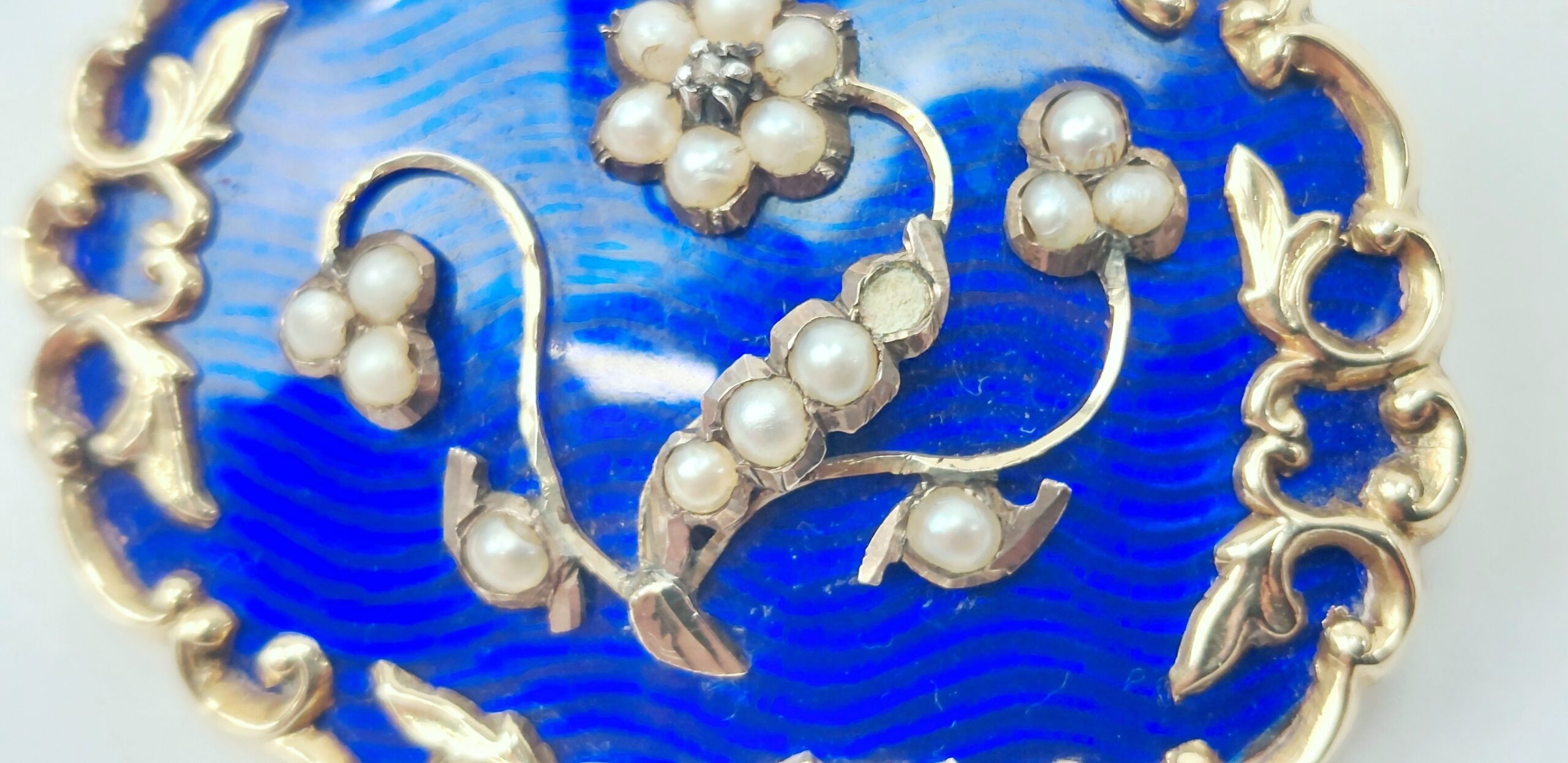 Victorian Gold & Blue Enamel Pearl & Diamond Mourning Brooch - Image 7
