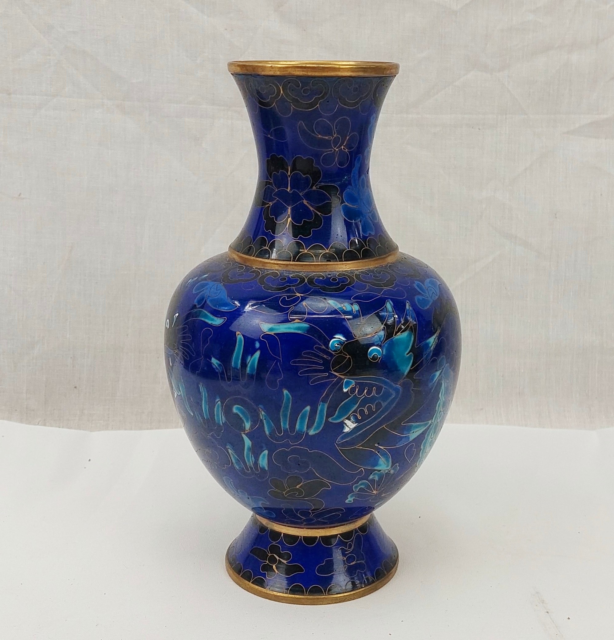 Blue Chinese Cloisonne Vase With Dragons