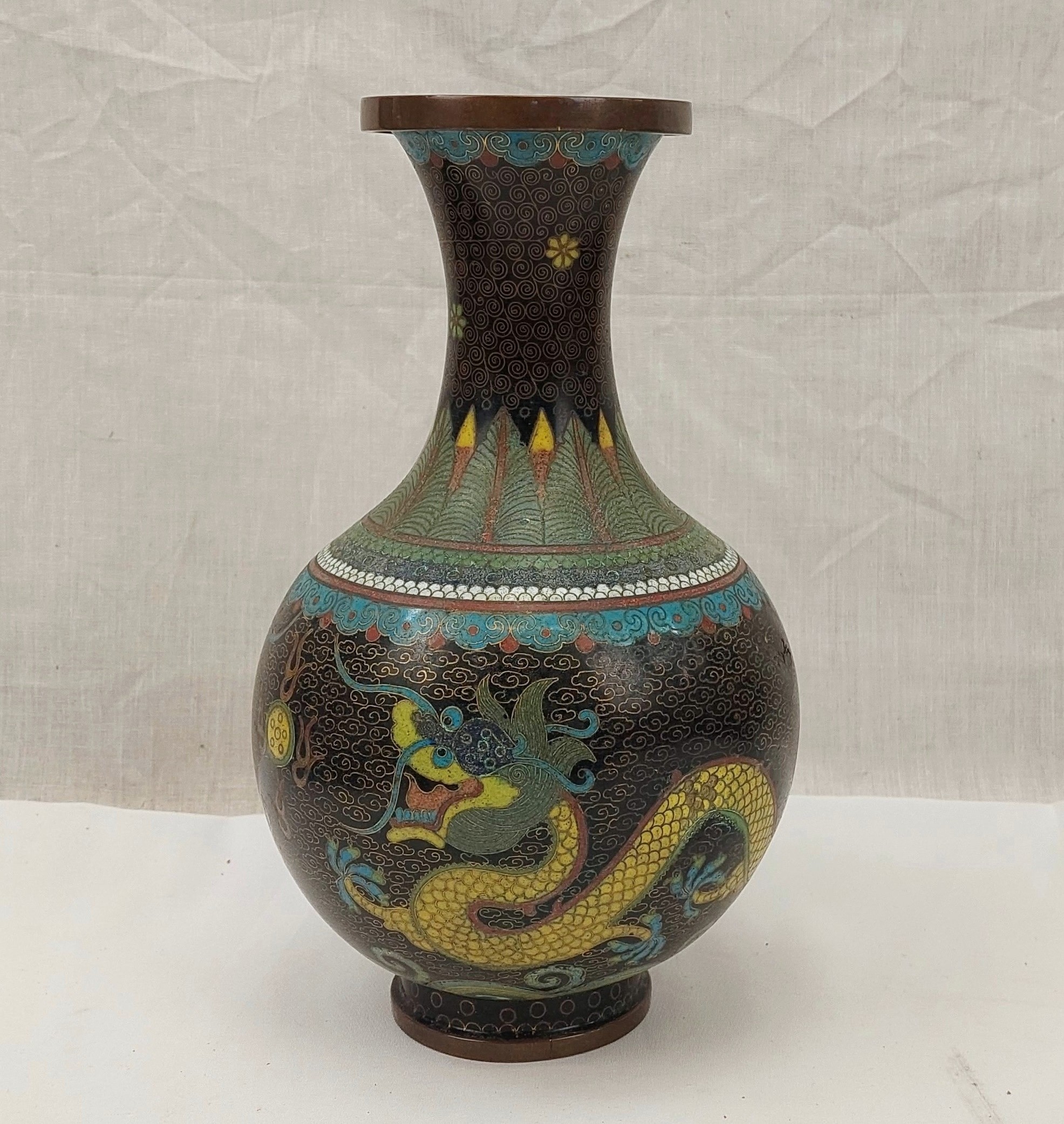 Chinese Cloisonne Vase With Yellow Dragons