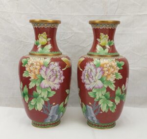 Pair of Large Chinese Cloisonne Floral And Butterfly Vases