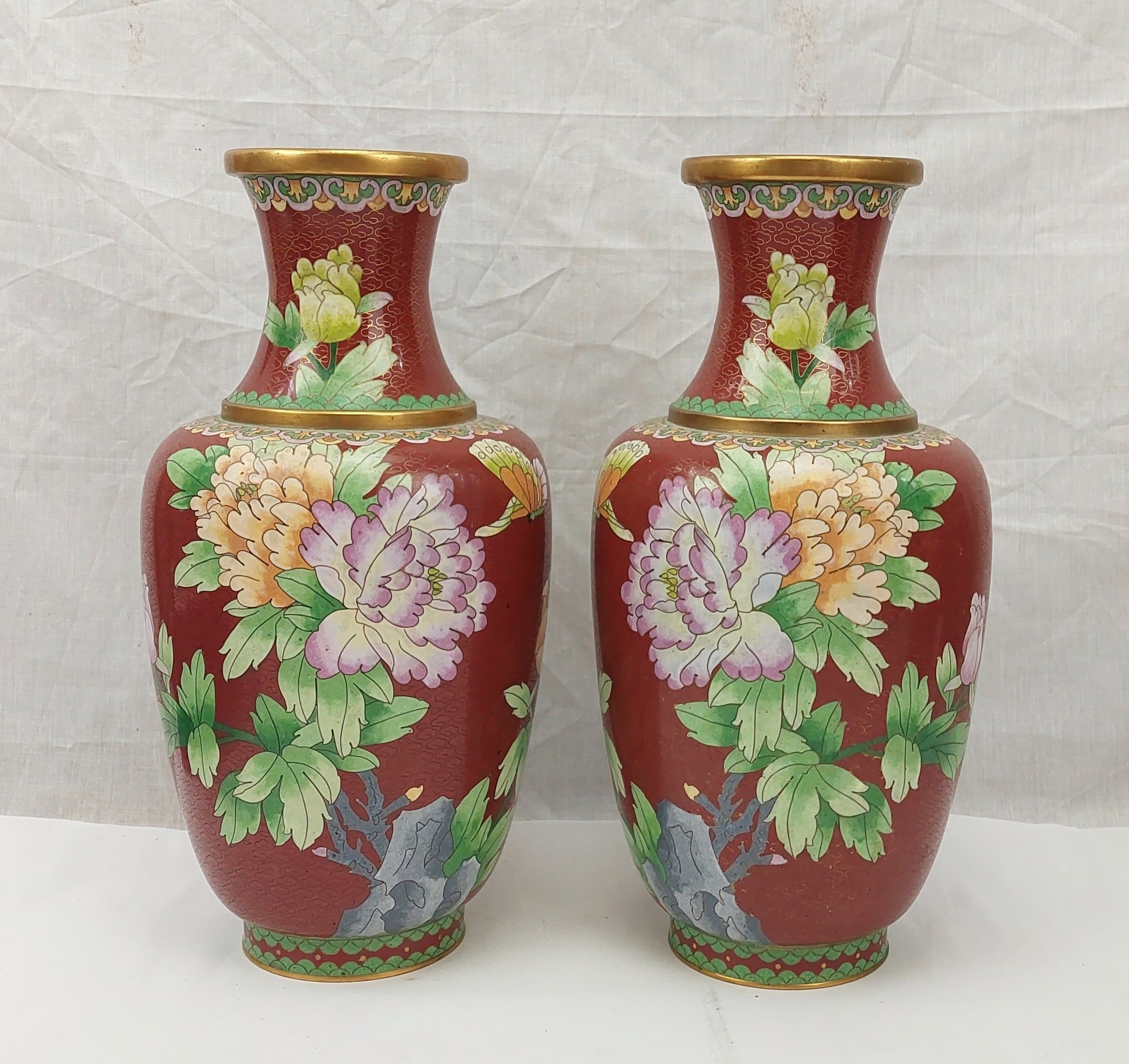 Pair of Large Chinese Cloisonne Floral And Butterfly Vases
