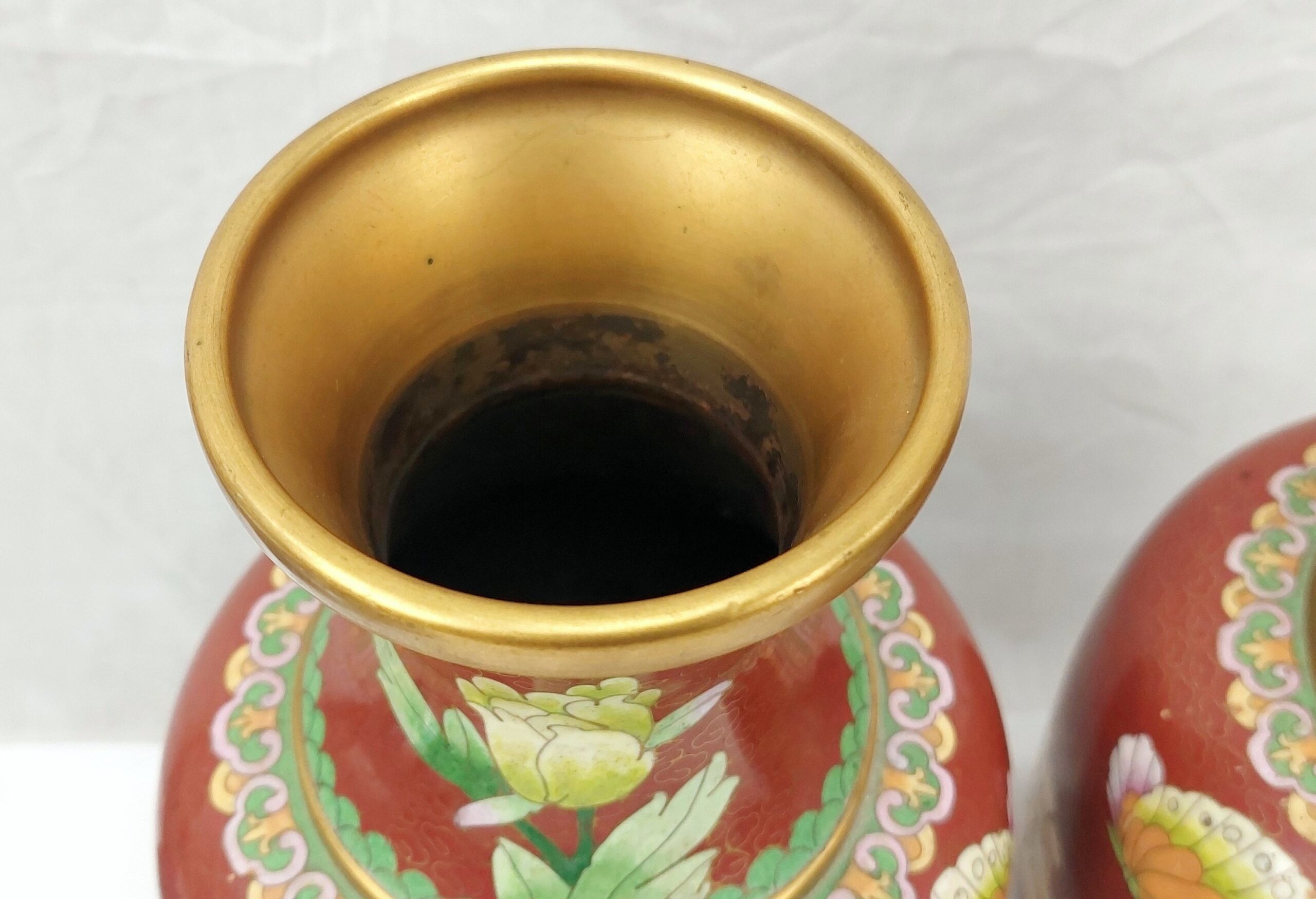 Pair of Large Chinese Cloisonne Floral And Butterfly Vases - Image 2
