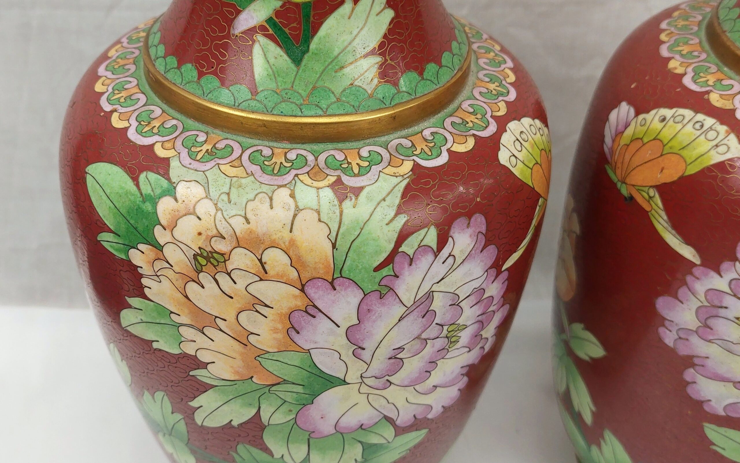 Pair of Large Chinese Cloisonne Floral And Butterfly Vases - Image 3