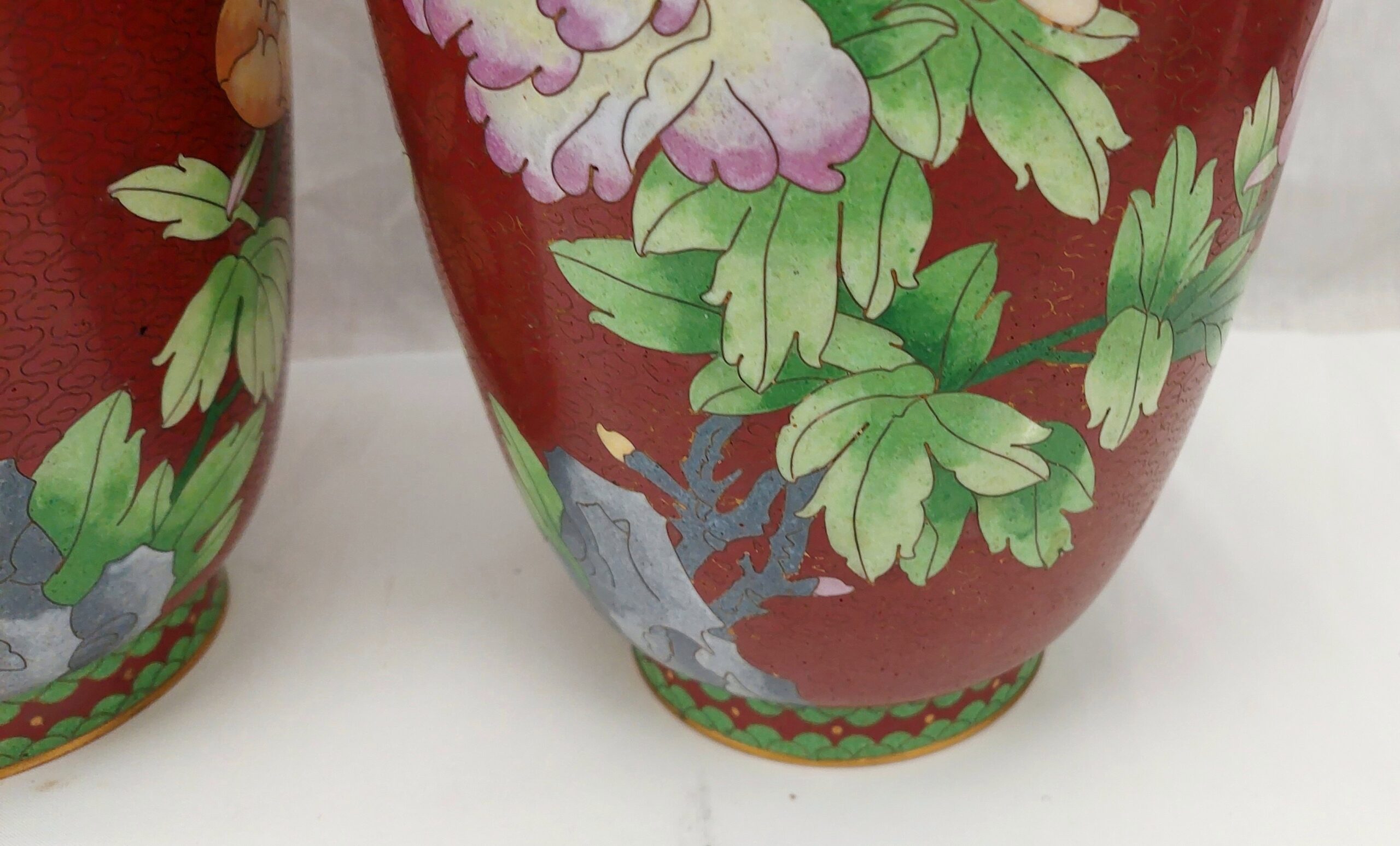 Pair of Large Chinese Cloisonne Floral And Butterfly Vases - Image 5