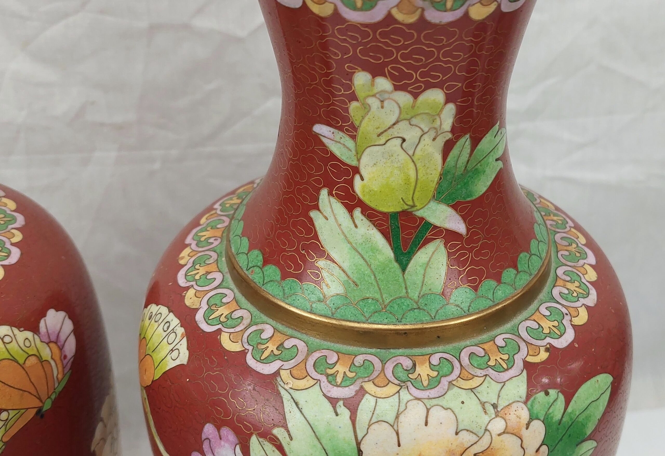 Pair of Large Chinese Cloisonne Floral And Butterfly Vases - Image 6