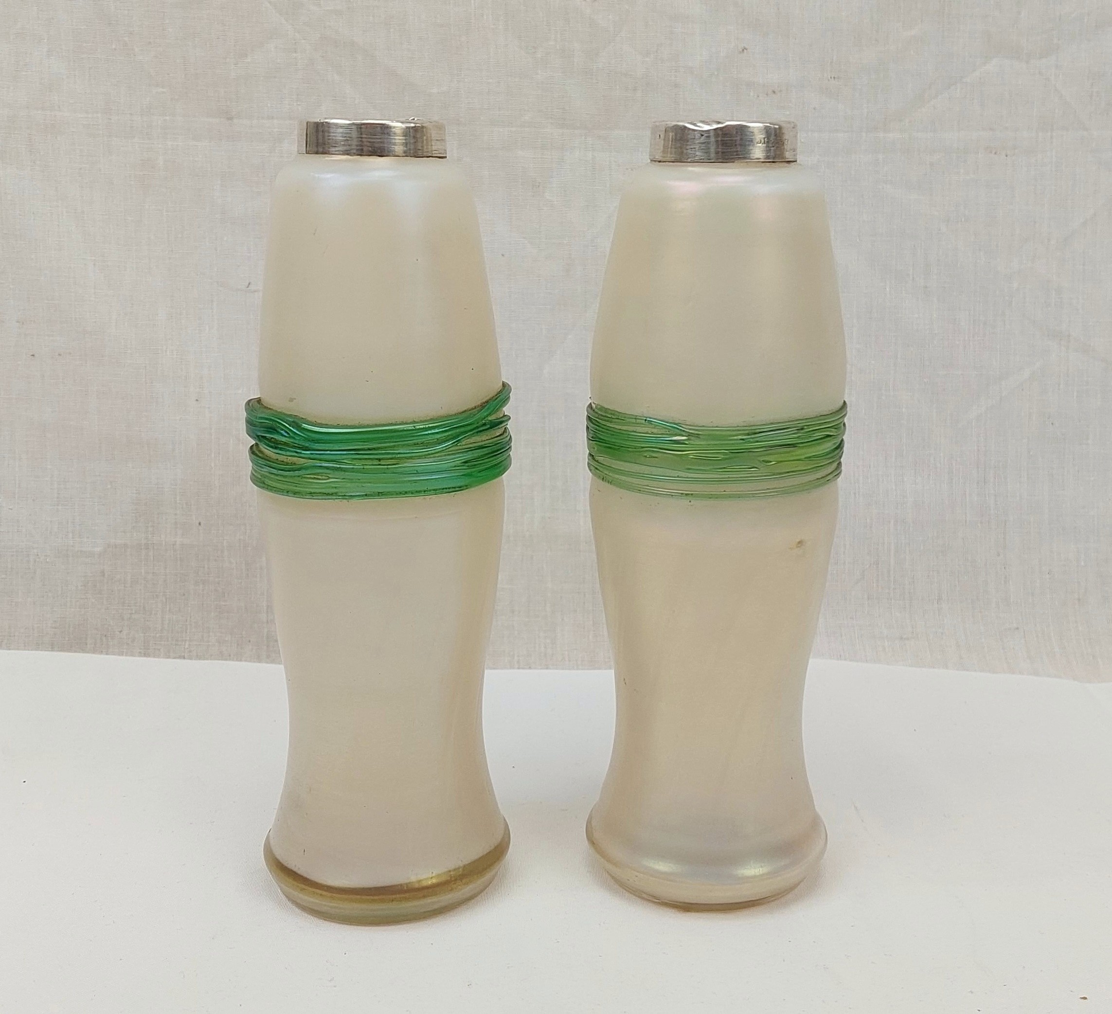 London 1911 Silver Topped Pair Of Art Nouveau Glass Vases