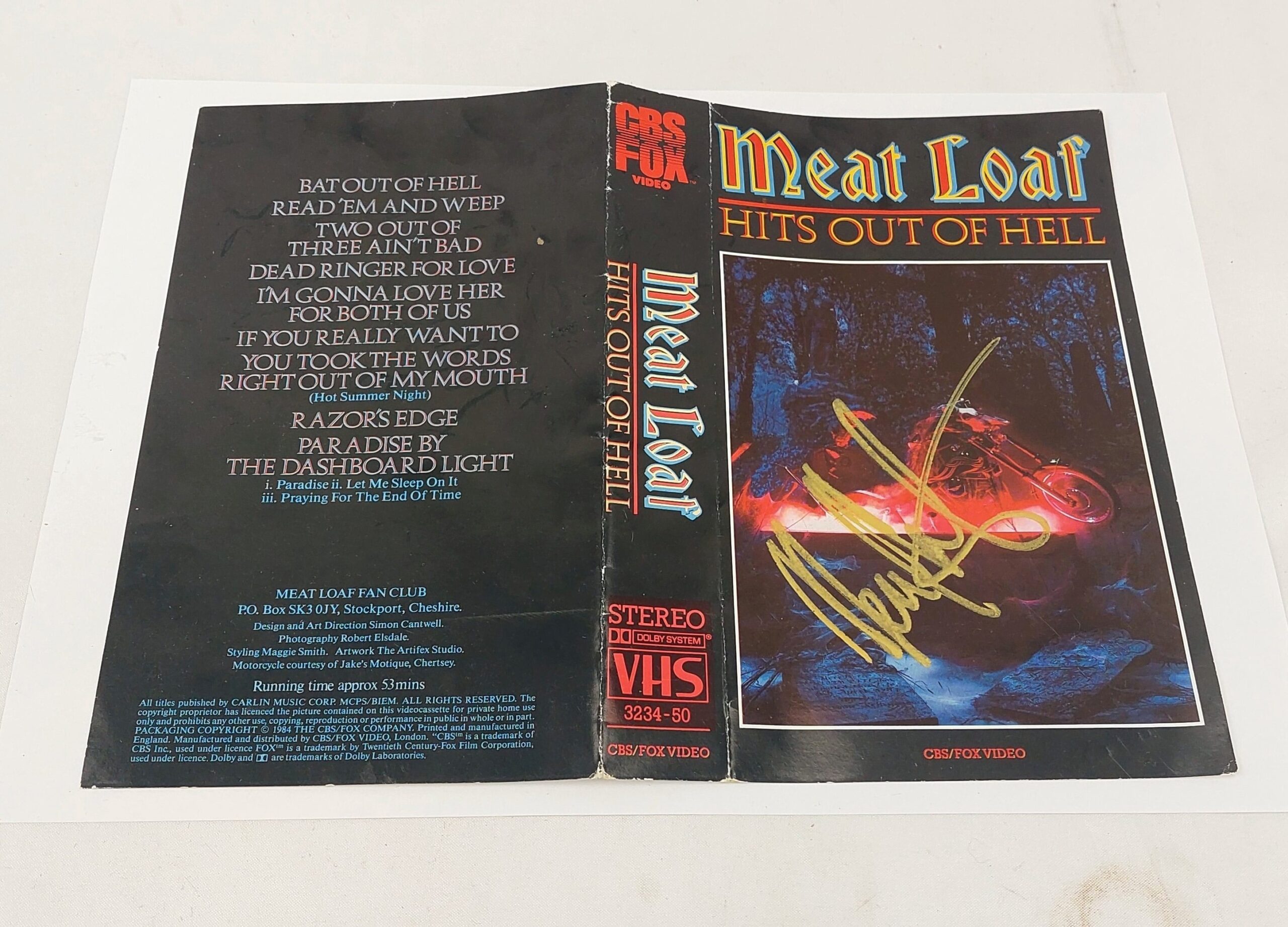 Meat Loaf Hits Out Of Hell Autographed VHS Cover - Image 2