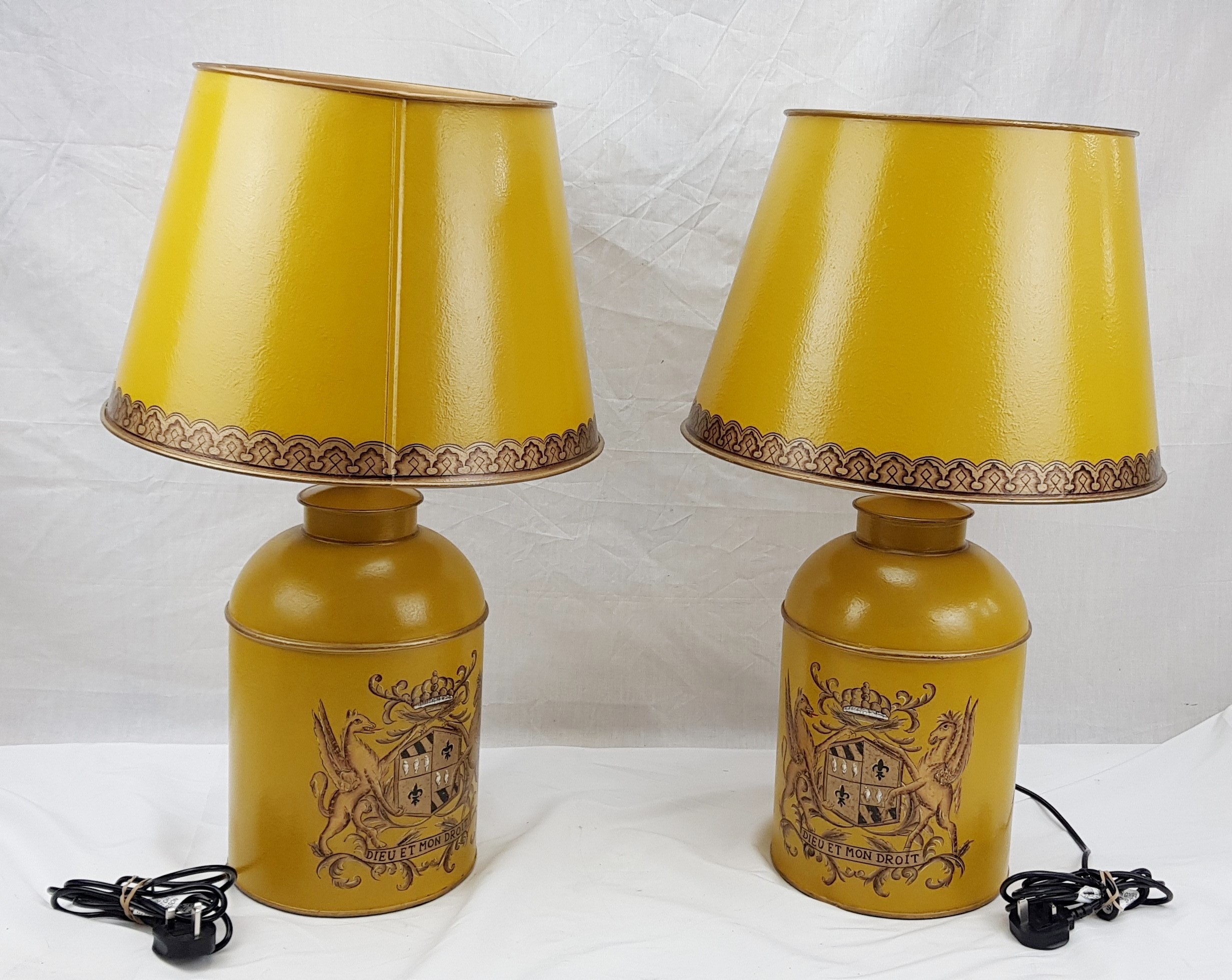 Pair of Modern French Toleware Lamps in Mustard With Armorial Crests