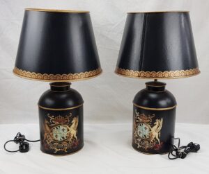 Pair of Modern French Toleware Lamps in Black With Armorial Crests