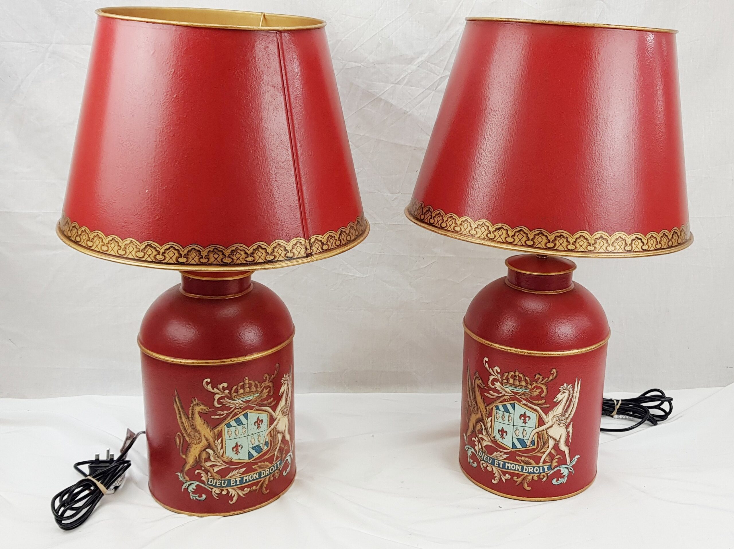 Pair of Modern French Toleware Lamps in Red With Armorial Crests