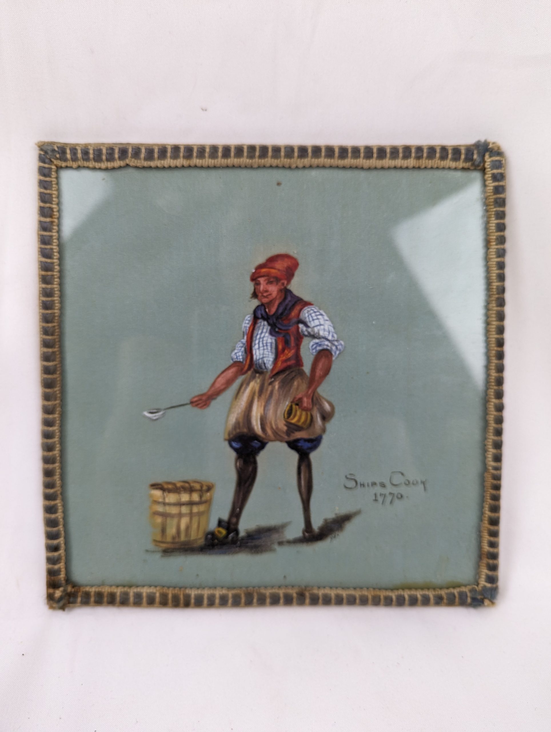 1940s Painting On Silk Of A Royal Navy Ships Cook 1770