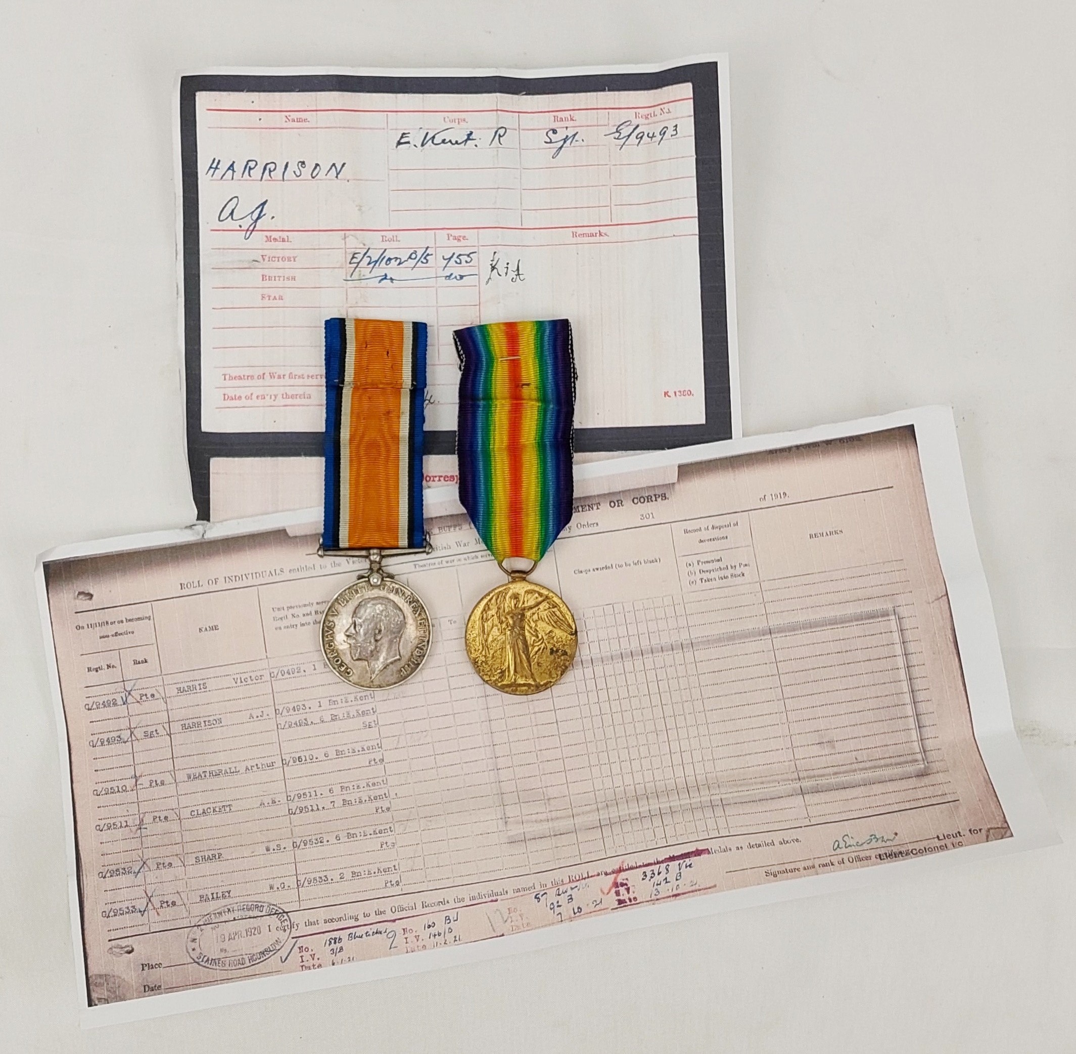 Low Number KIA WW1 Medal Pair Awarded To G-9493 A.J. Harrison E. Kent. R. - The Buffs