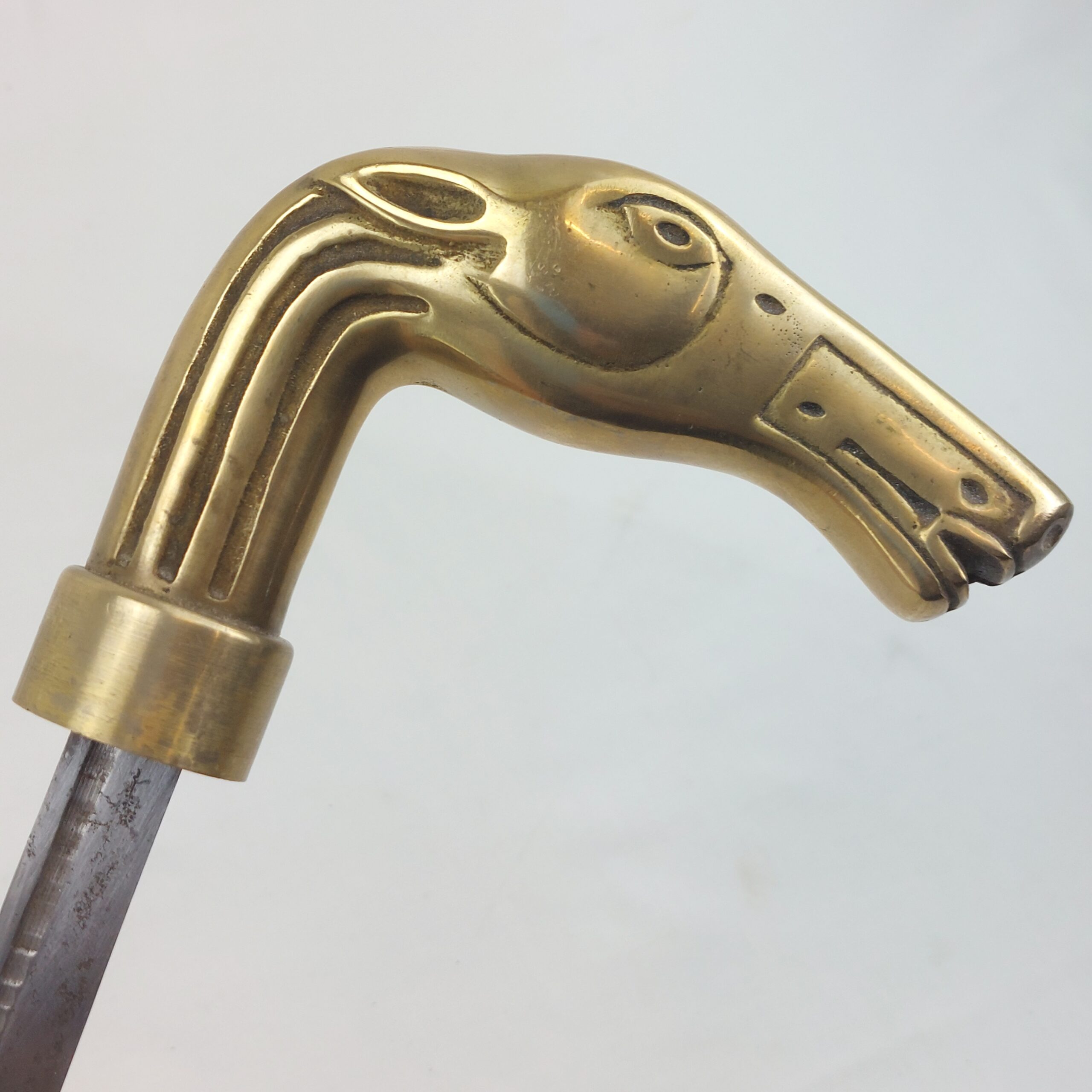 Unusual, Brass Horse Headed, Collapsible, Black Sword Stick with Hidden Blade