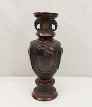 19th Century Japanese Bronze Vase With Birds And Elephant Head Handles