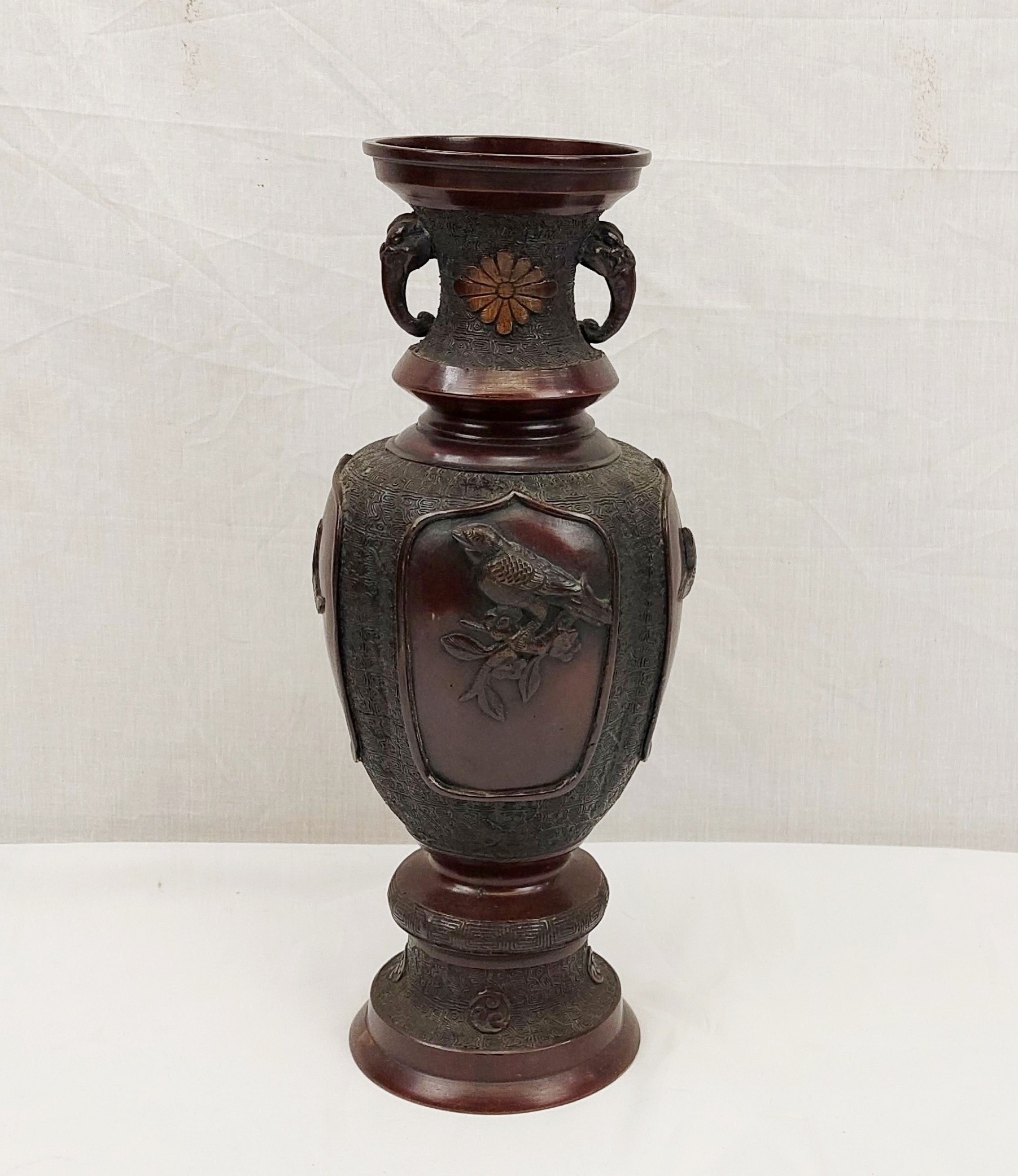 19th Century Japanese Bronze Vase With Birds And Elephant Head Handles