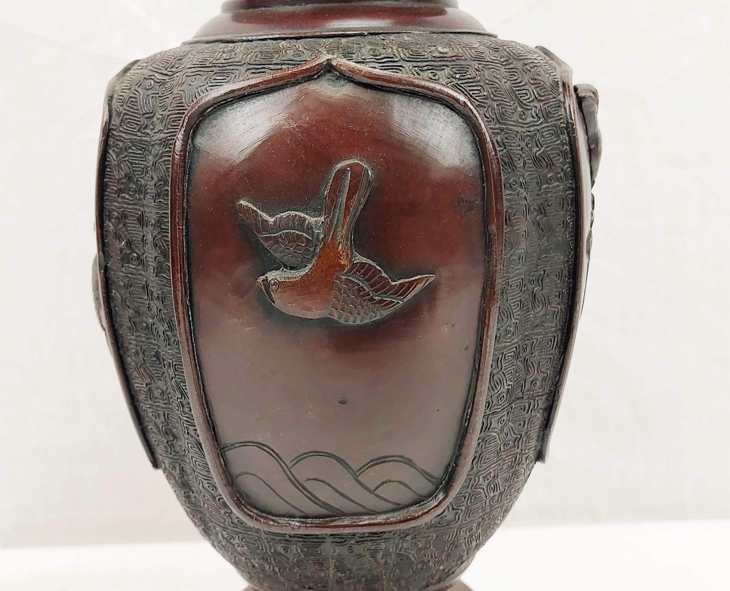 19th Century Japanese Bronze Vase With Birds And Elephant Head Handles - Image 3