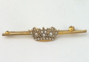 9ct Yellow Gold & Pearl Royal Navy Crown Bar Sweetheart Brooch, by JW Benson of Birmingham, 1952