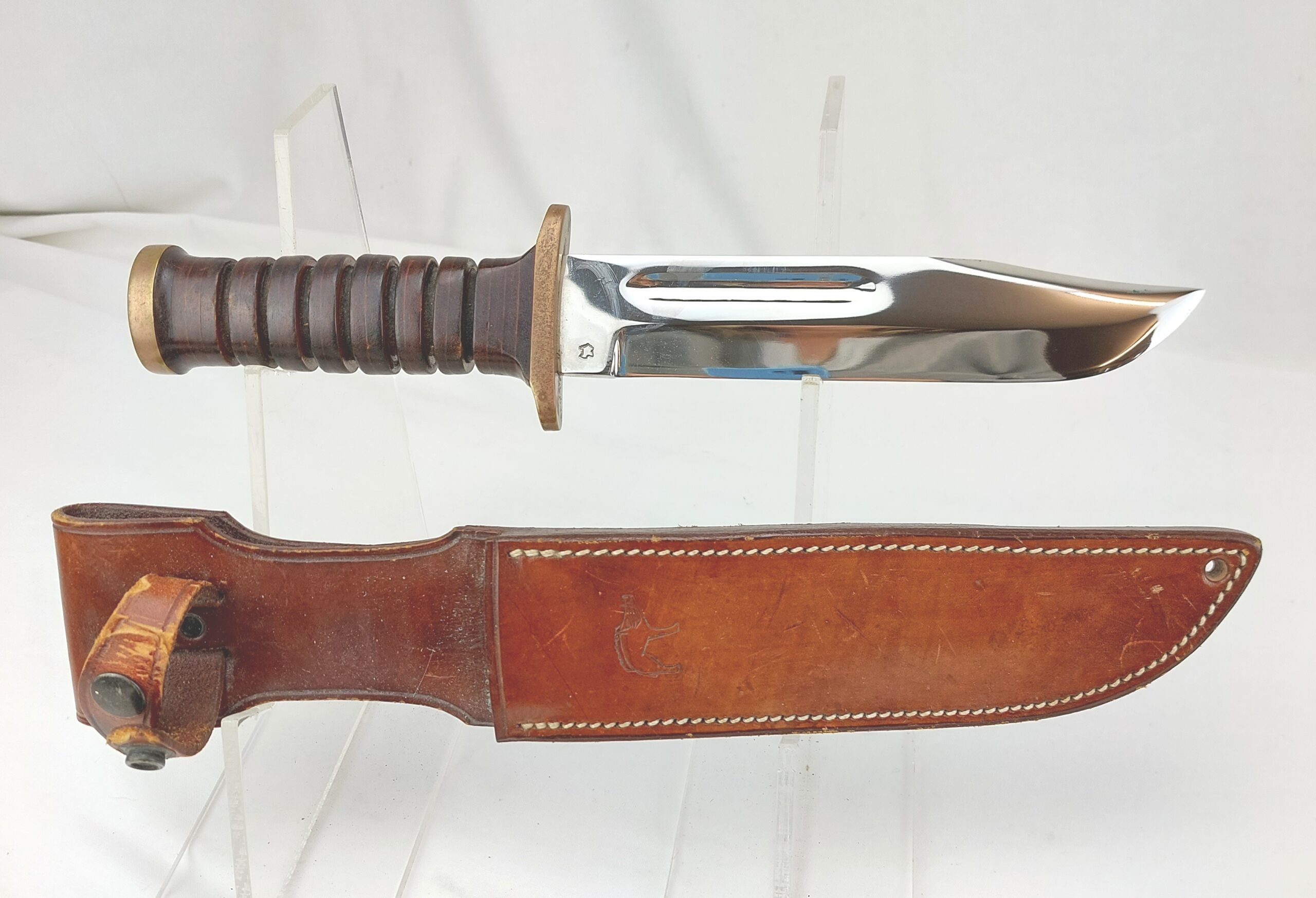 Immaculate Bowie Knife with Warthog Logo and Leather Sheath
