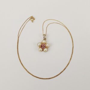 9ct Gold Pearl, Sapphire, Ruby & Diamond Pendant Necklace – 18 Inches