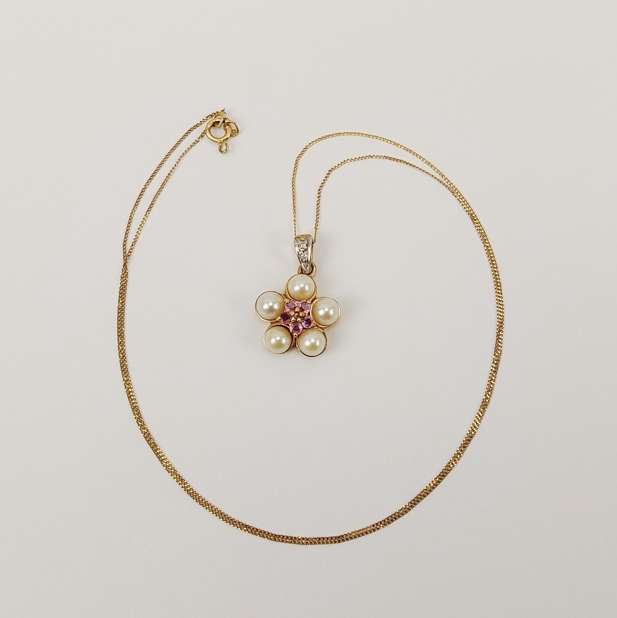 9ct Gold Pearl, Sapphire, Ruby & Diamond Pendant Necklace – 18 Inches