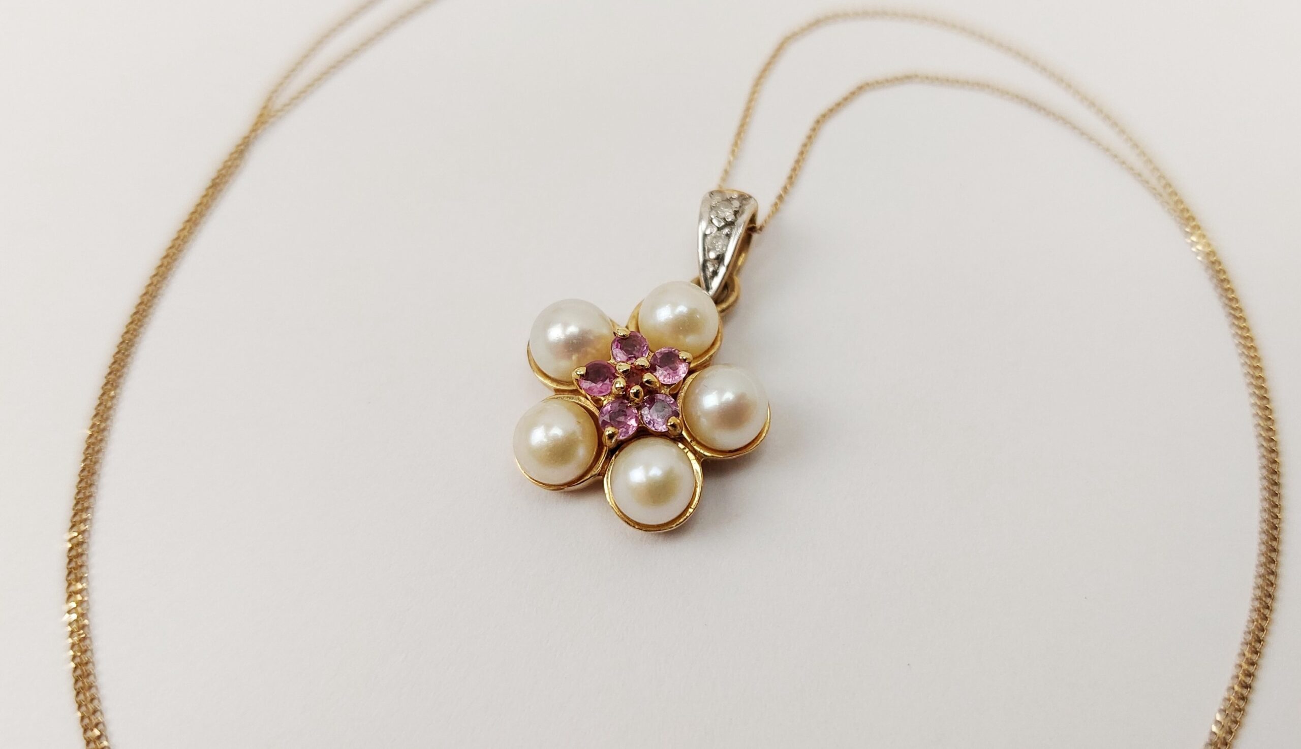 9ct Gold Pearl, Sapphire, Ruby & Diamond Pendant Necklace – 18 Inches - Image 2