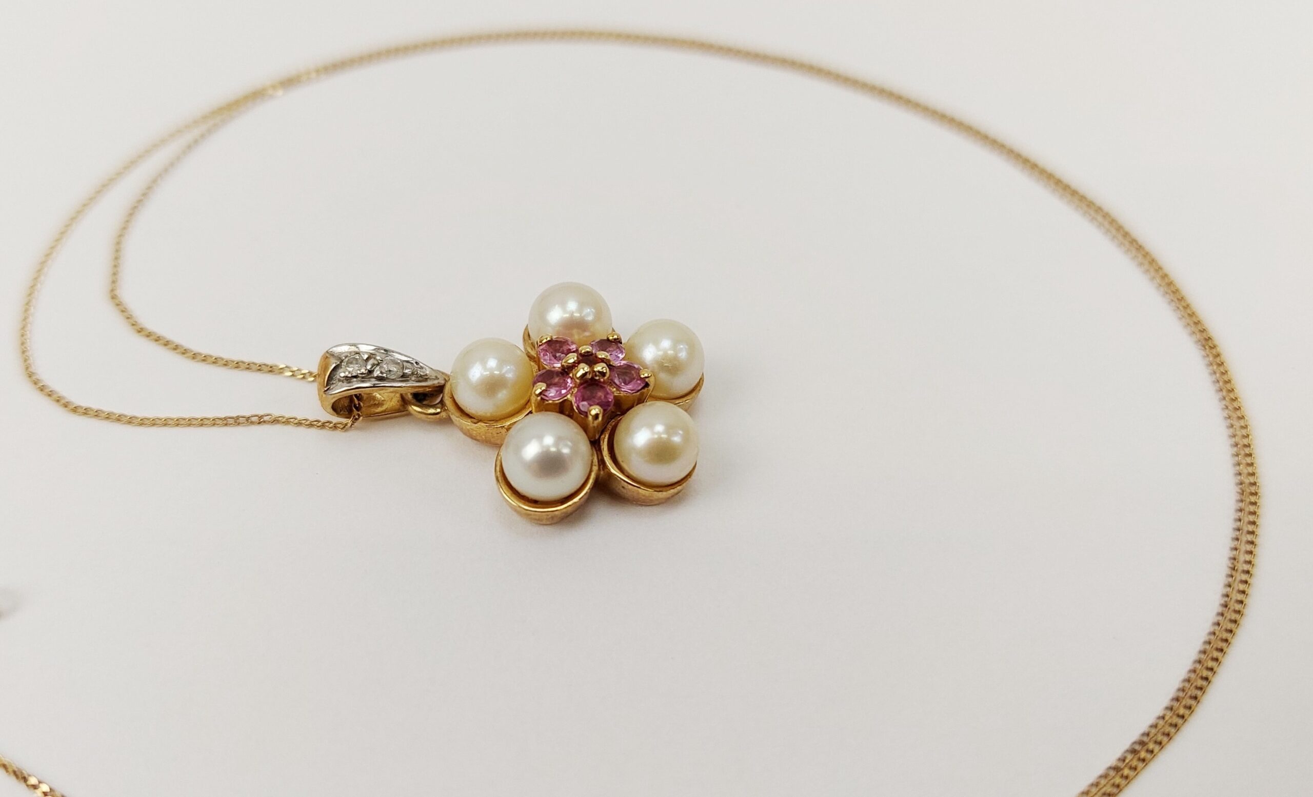 9ct Gold Pearl, Sapphire, Ruby & Diamond Pendant Necklace – 18 Inches - Image 3