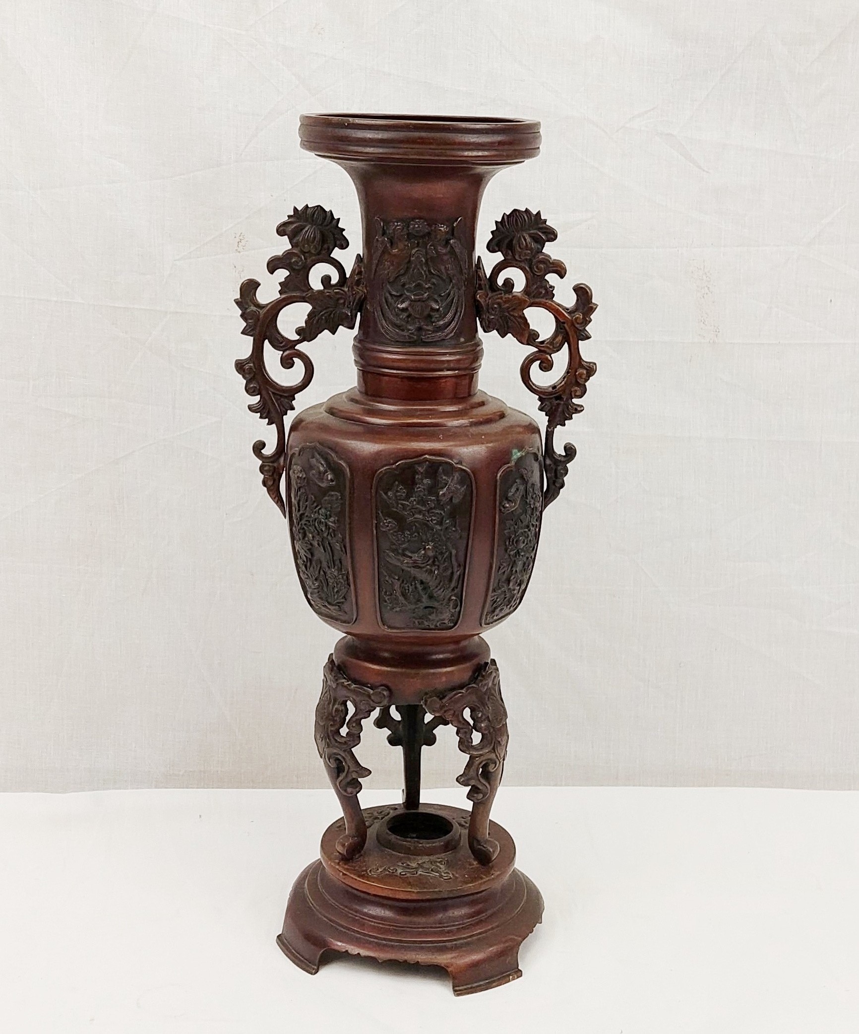 Japanese Victorian 19th Century Bronze Vase With Bird And Floral Panels