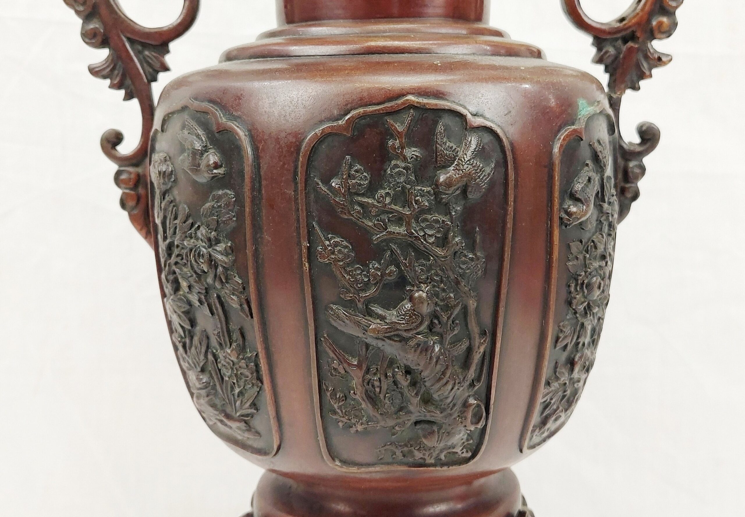 Japanese Victorian 19th Century Bronze Vase With Bird And Floral Panels - Image 6