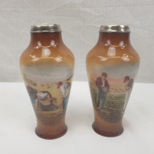 Pair Of London 1934 Silver Rimmed Miniature Ceramic Vases