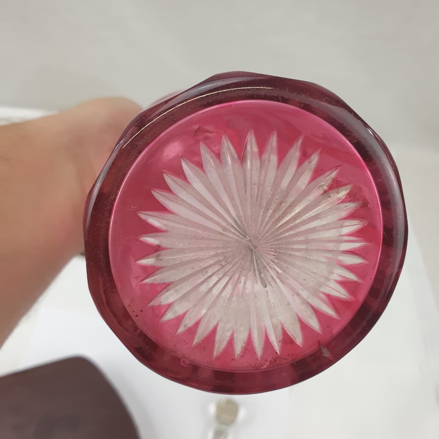 Victorian Cranberry Engraved And Cut Glass Decanter - Image 4