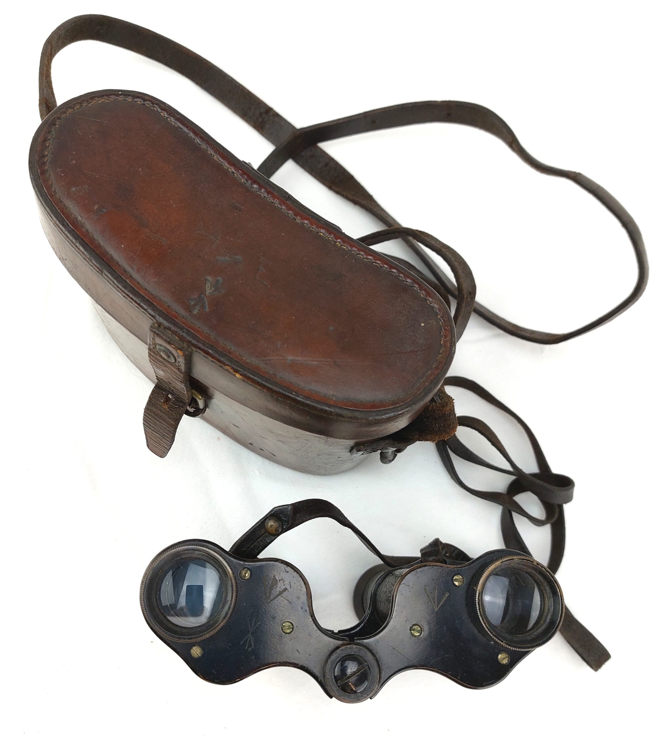 WW1, British army issued, 1917 Field Binoculars with leather case, by A. Kershaw and Son Ltd, Leeds