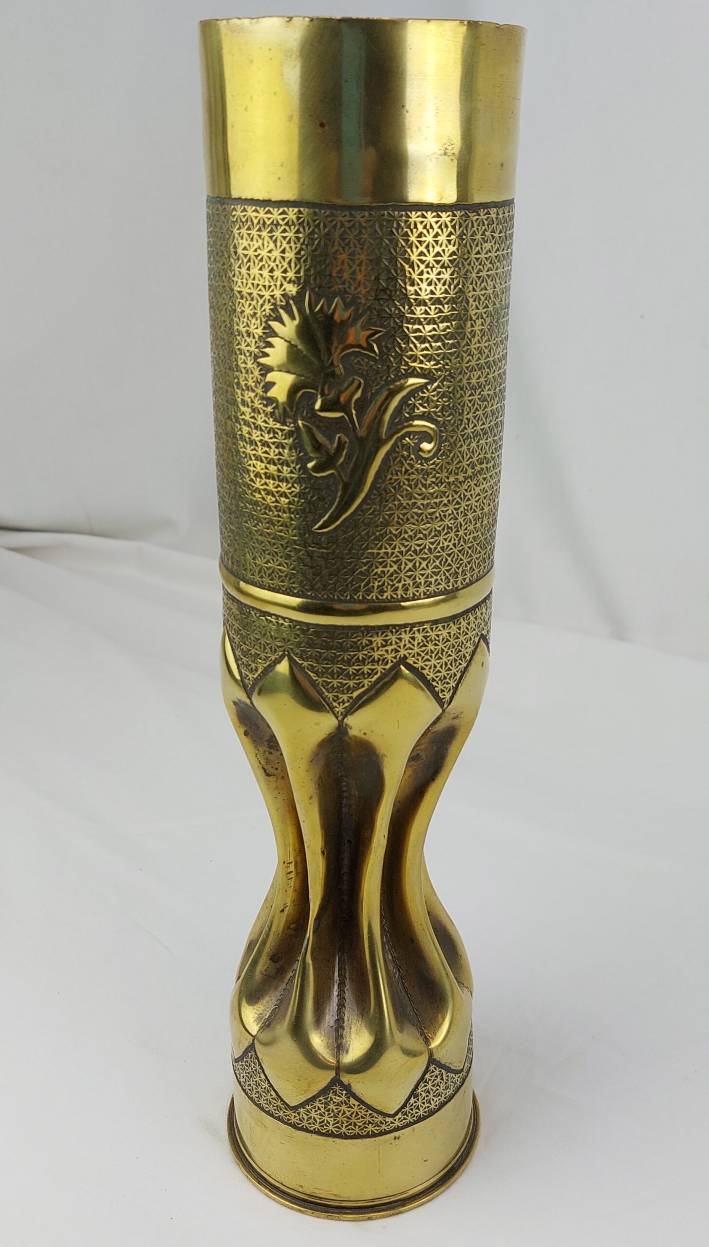 WW1, Elaborate, French Trench Art, Brass Vase, Made from French 75 DE C H 20L. 17 H Shell Casing